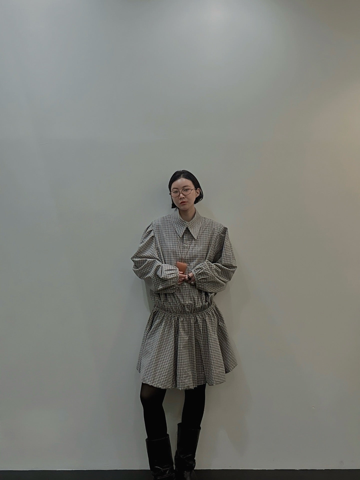 復古通勤格紋襯衫收腰連身裙