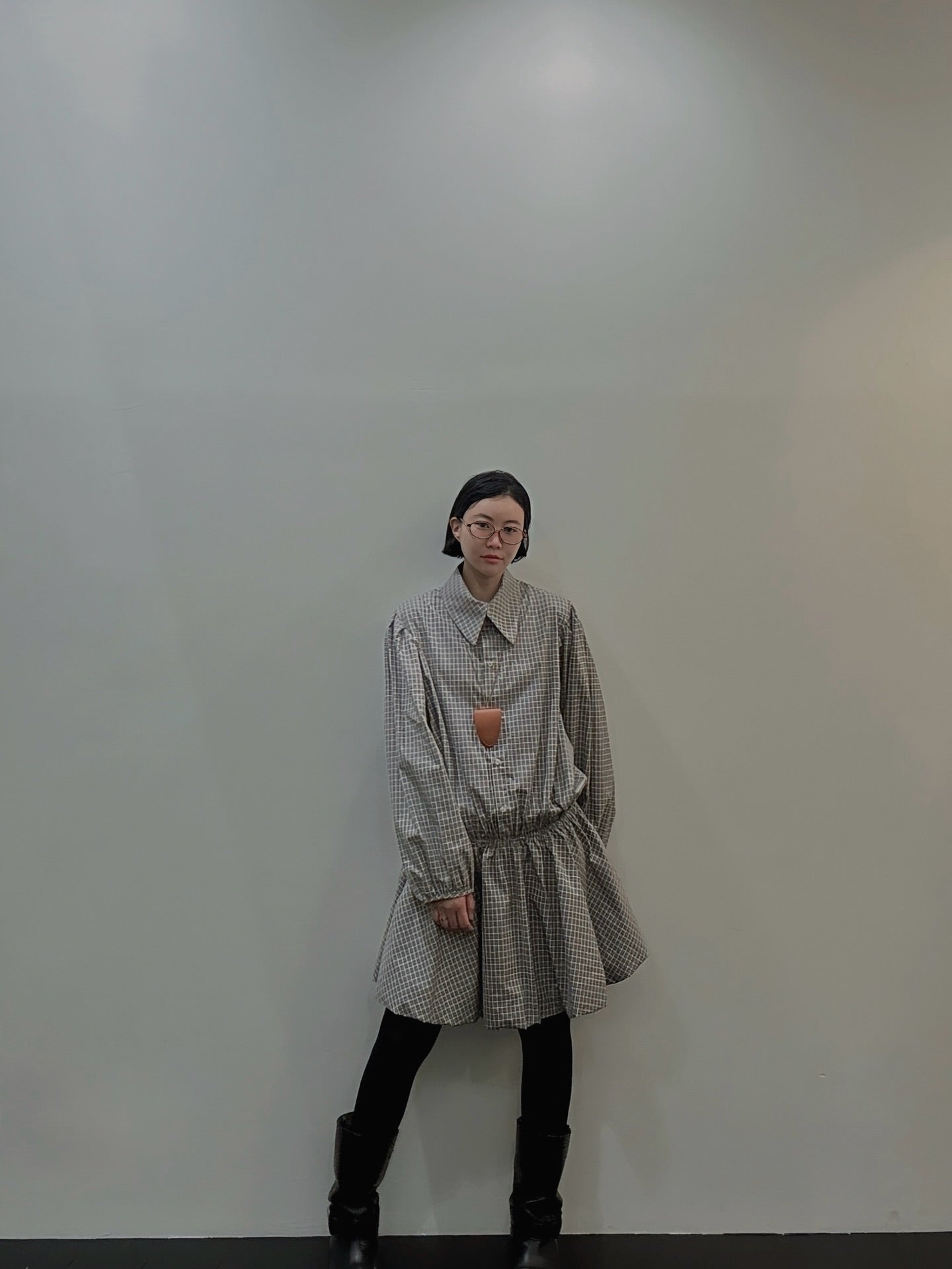 復古通勤格紋襯衫收腰連身裙