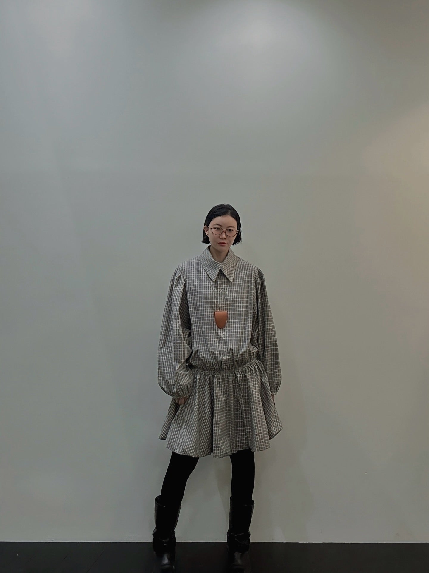 復古通勤格紋襯衫收腰連身裙