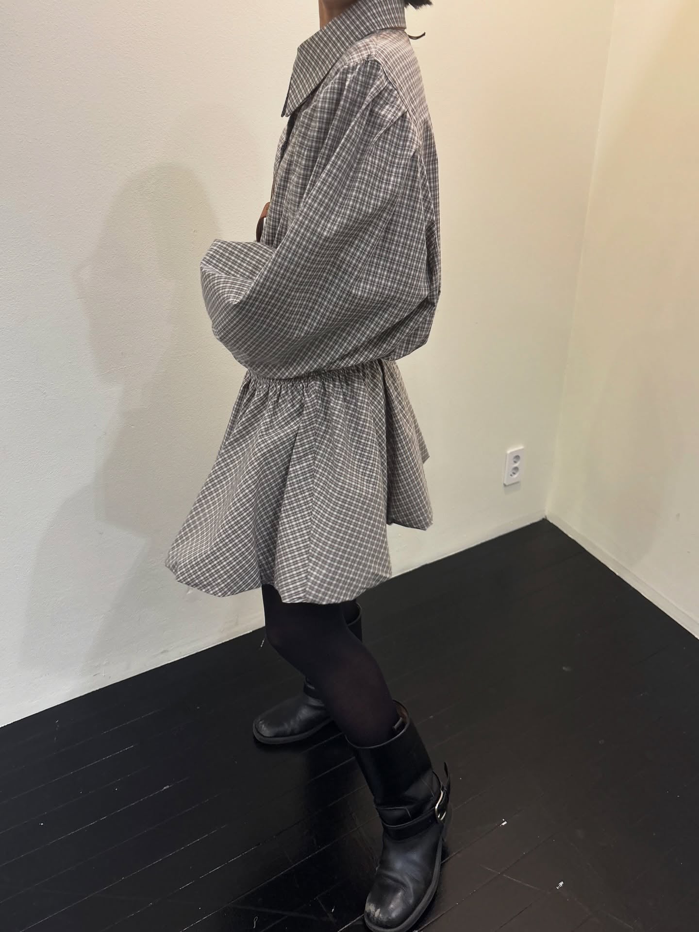 復古通勤格紋襯衫收腰連身裙