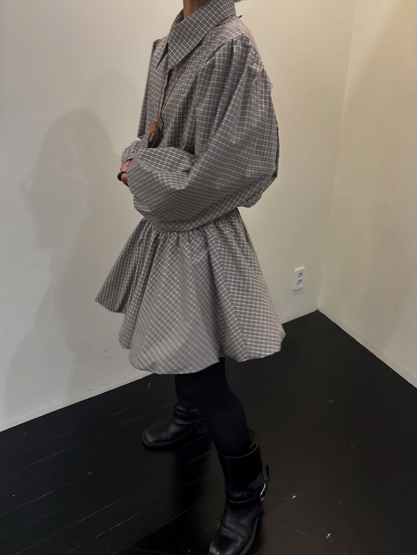 復古通勤格紋襯衫收腰連身裙