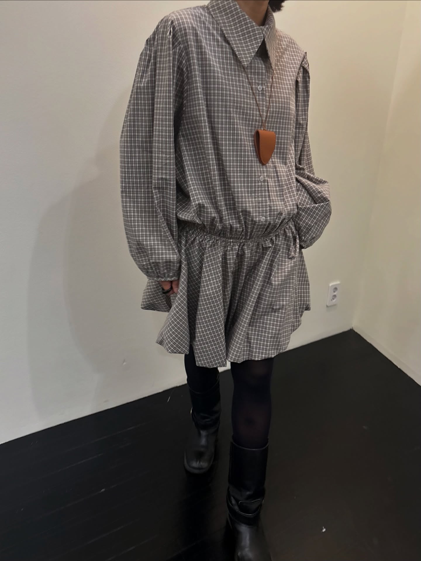 復古通勤格紋襯衫收腰連身裙