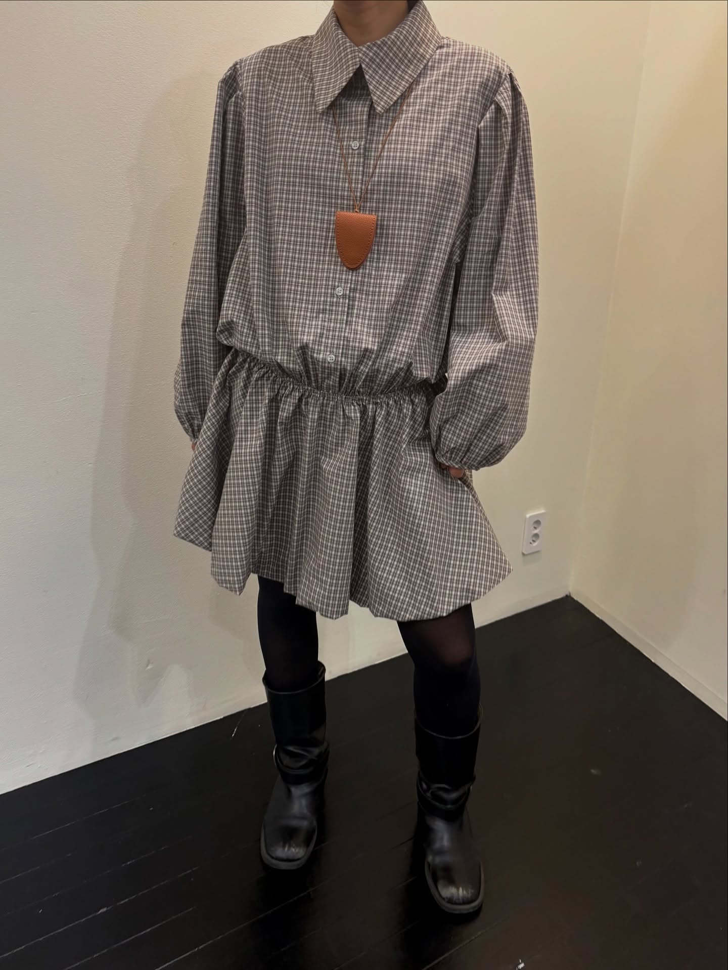 復古通勤格紋襯衫收腰連身裙