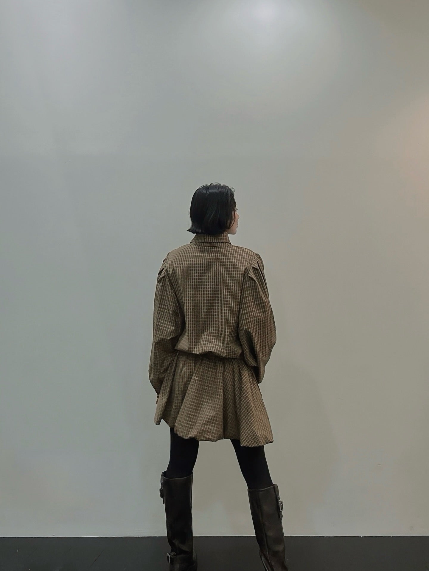 復古通勤格紋襯衫收腰連身裙