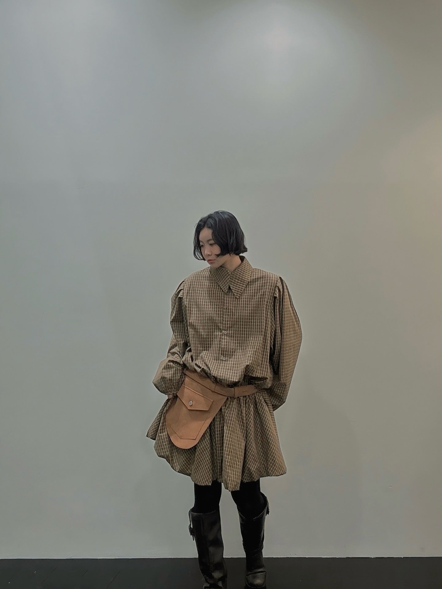 復古通勤格紋襯衫收腰連身裙