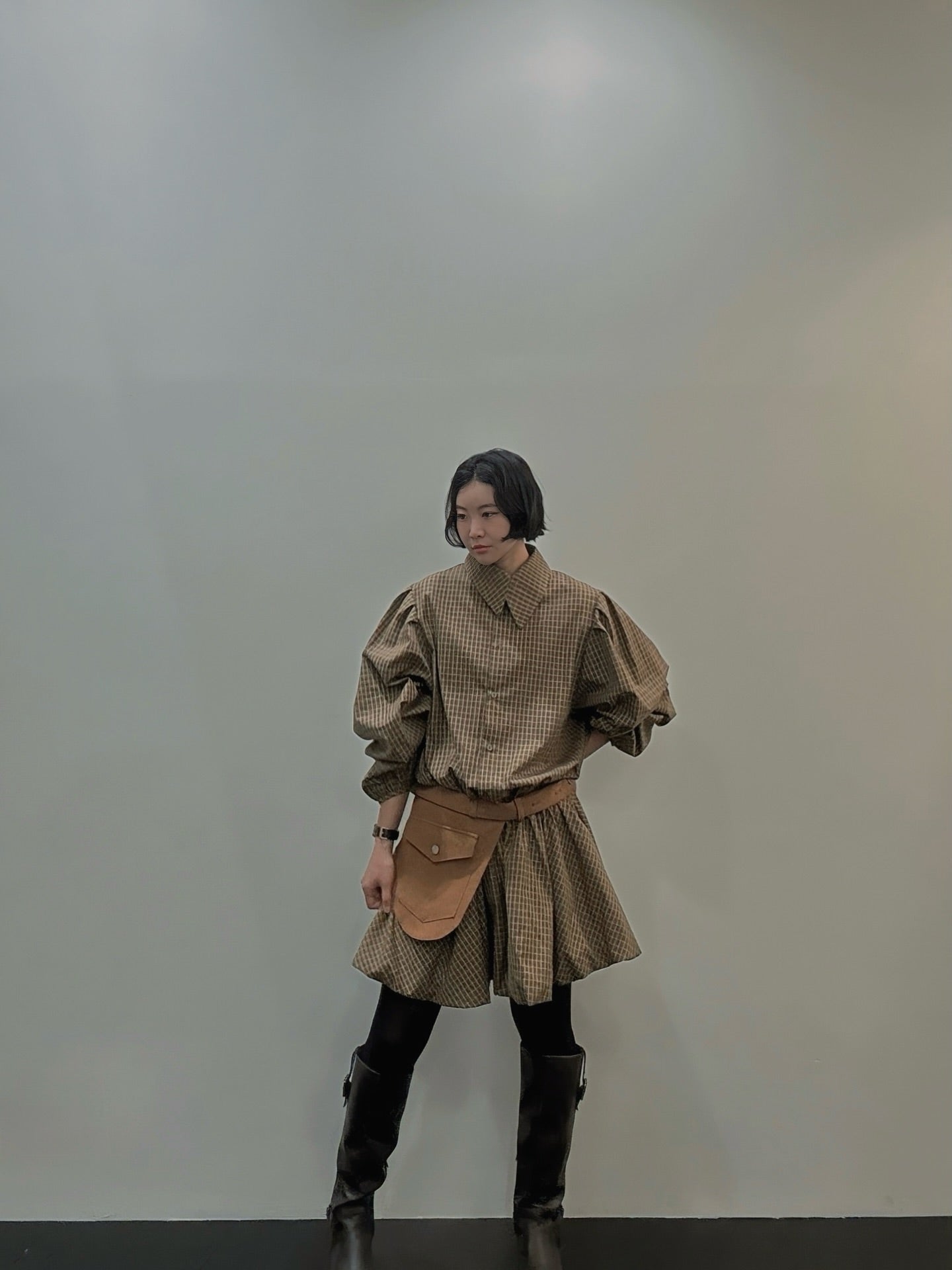 復古通勤格紋襯衫收腰連身裙