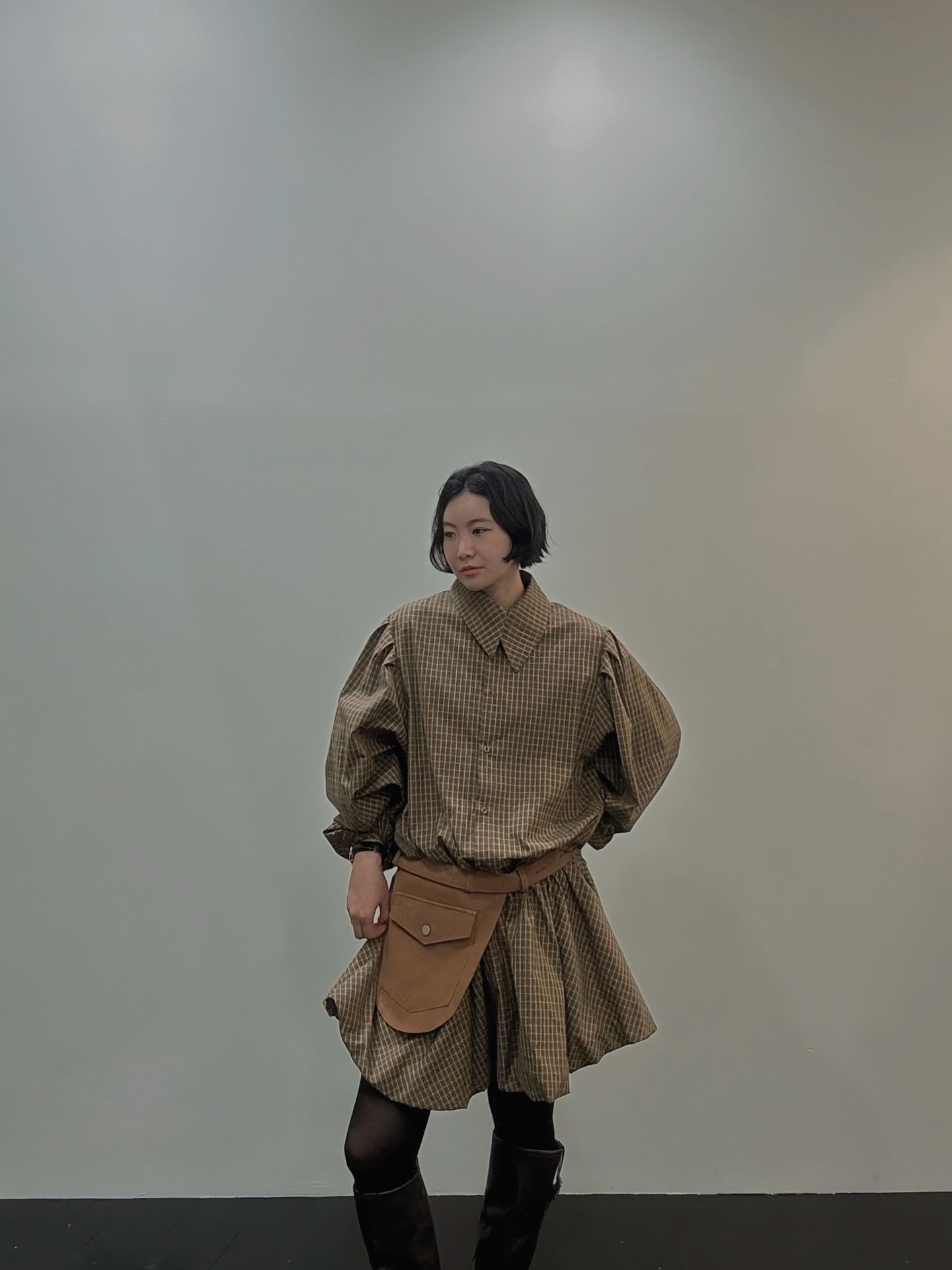 復古通勤格紋襯衫收腰連身裙