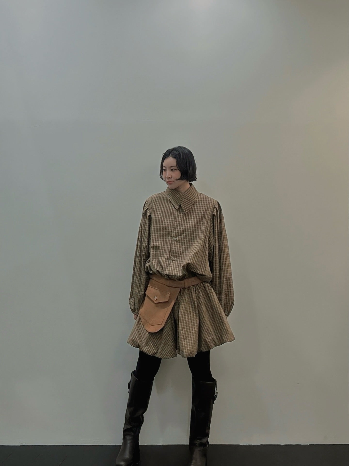 復古通勤格紋襯衫收腰連身裙