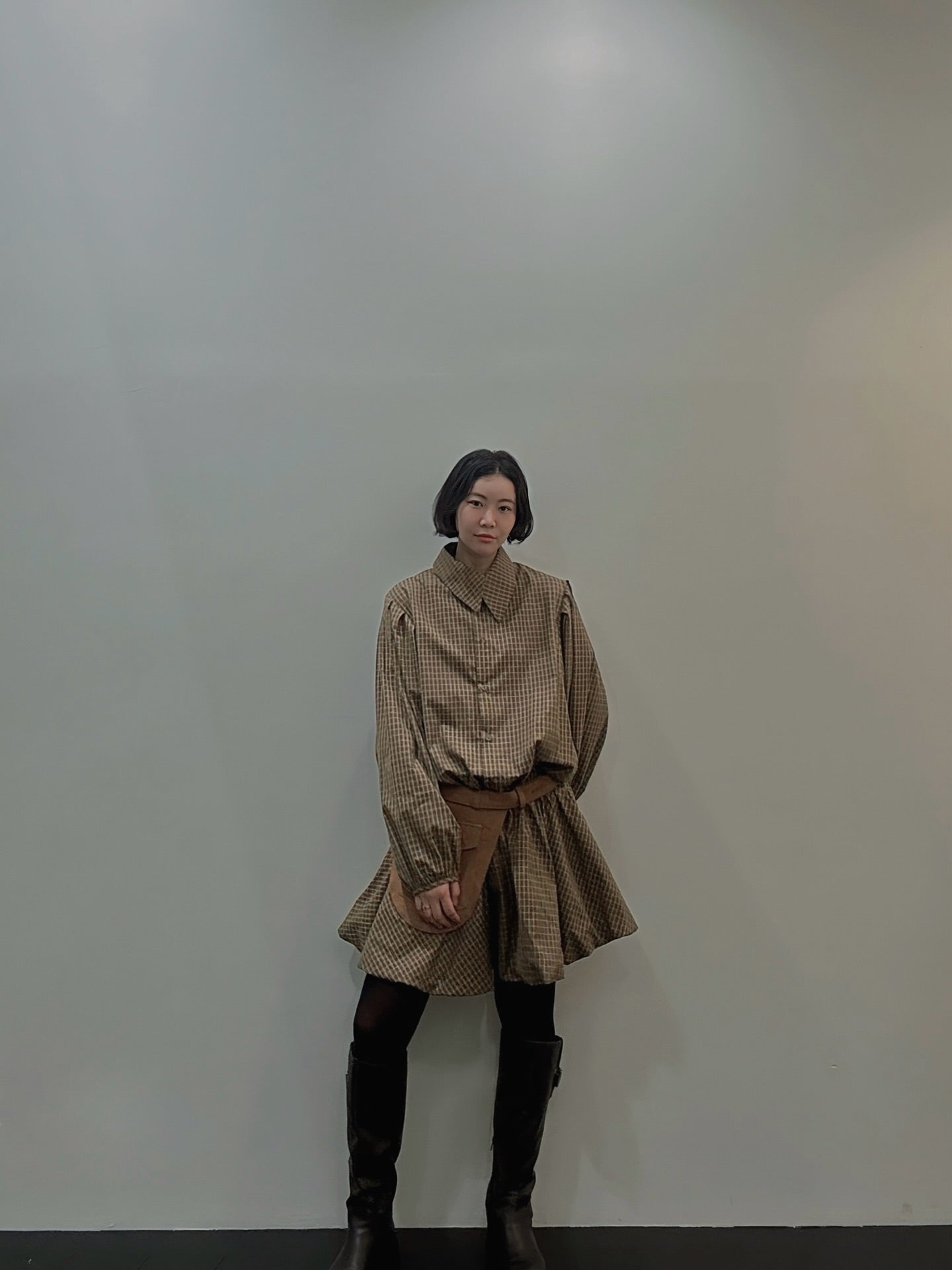 復古通勤格紋襯衫收腰連身裙