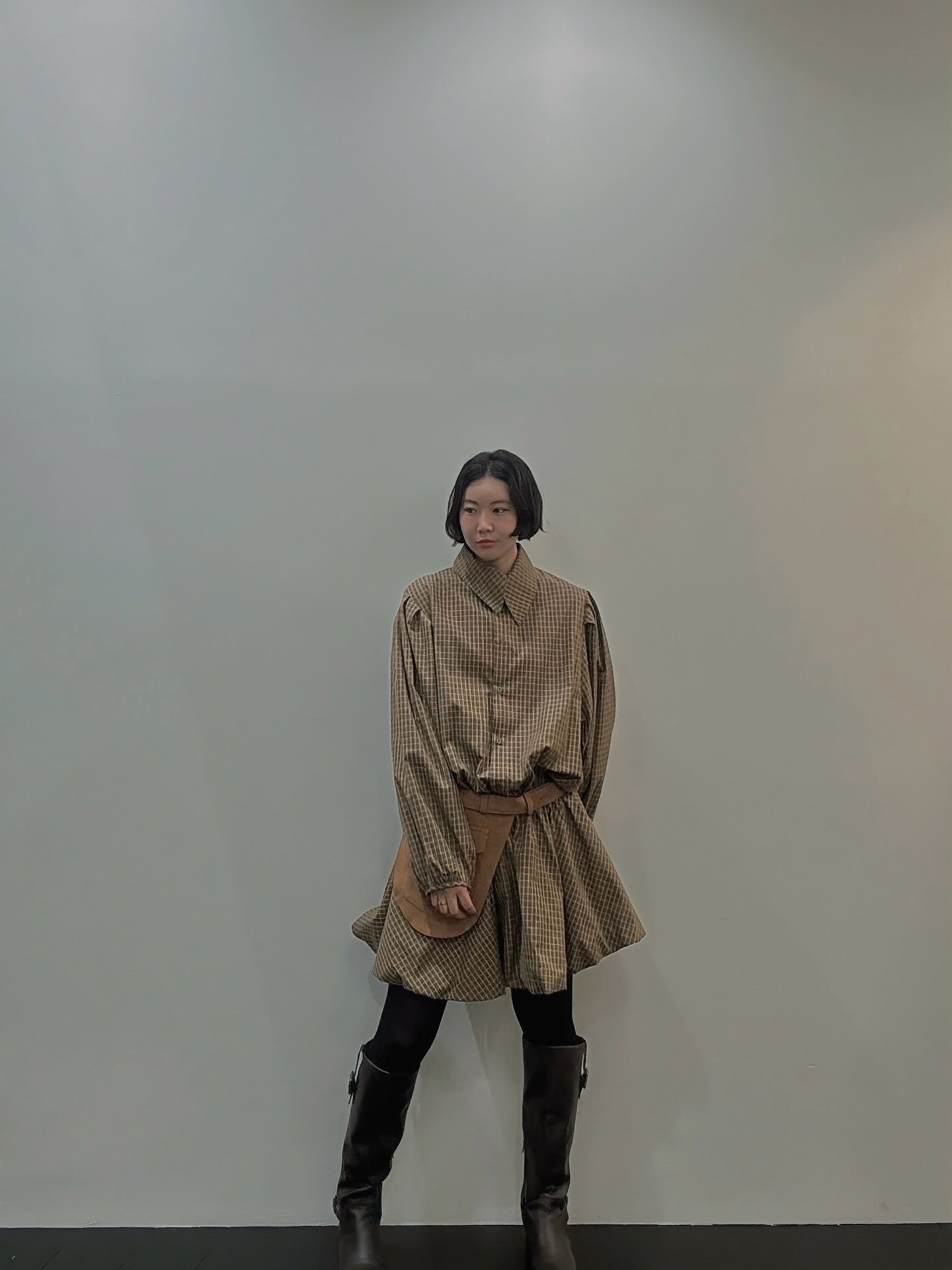 復古通勤格紋襯衫收腰連身裙