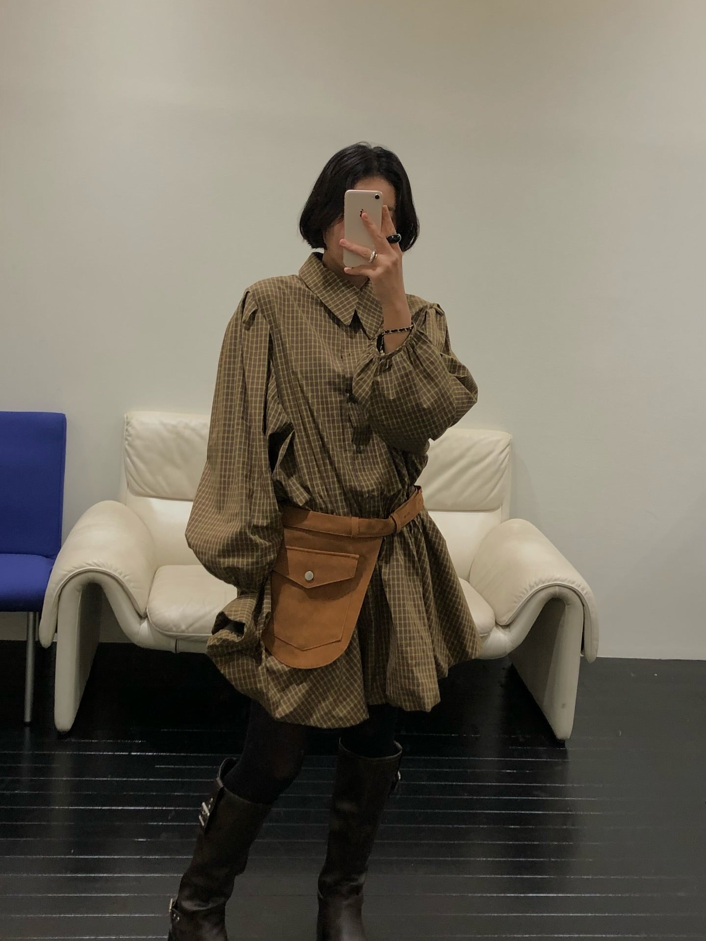 復古通勤格紋襯衫收腰連身裙