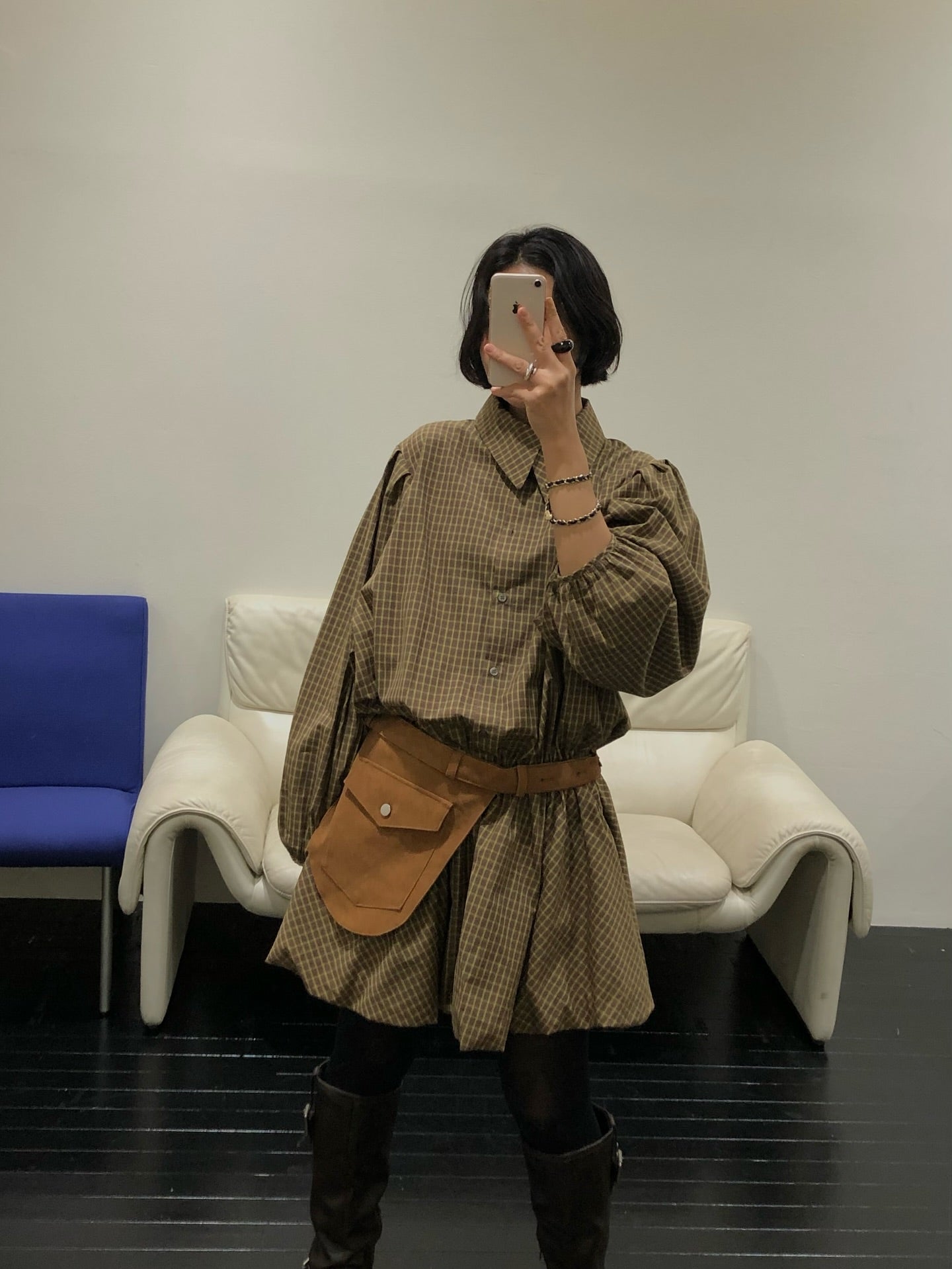 復古通勤格紋襯衫收腰連身裙