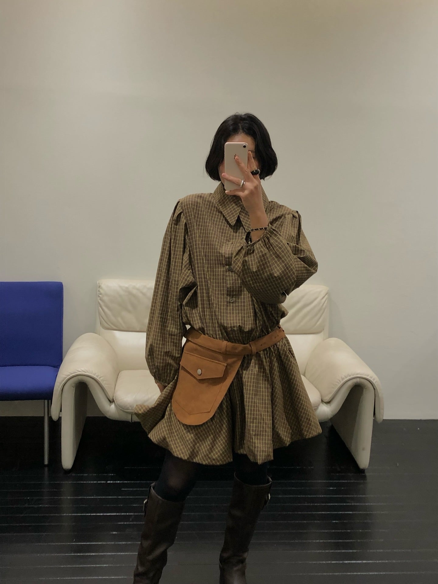 復古通勤格紋襯衫收腰連身裙