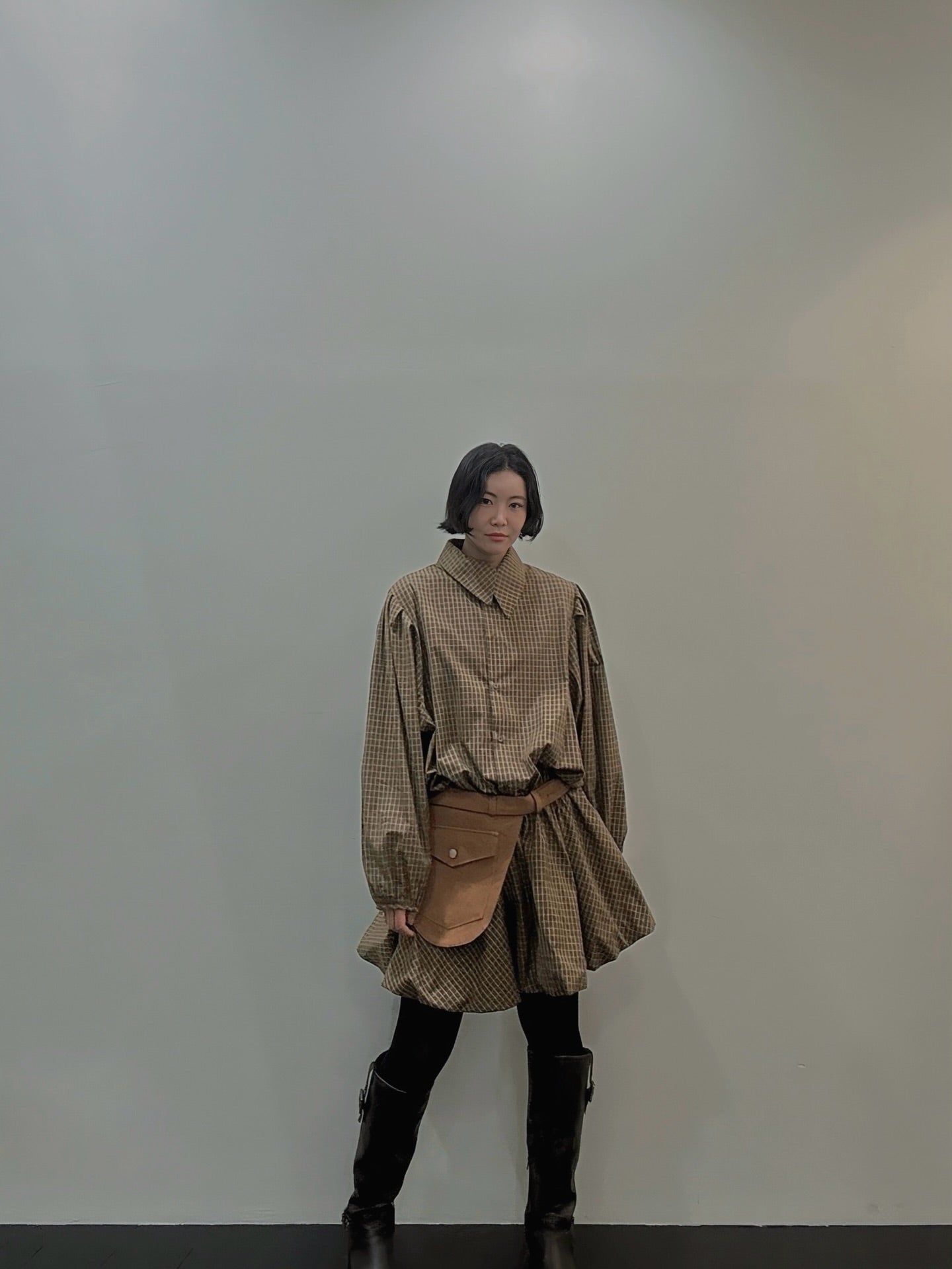 復古通勤格紋襯衫收腰連身裙