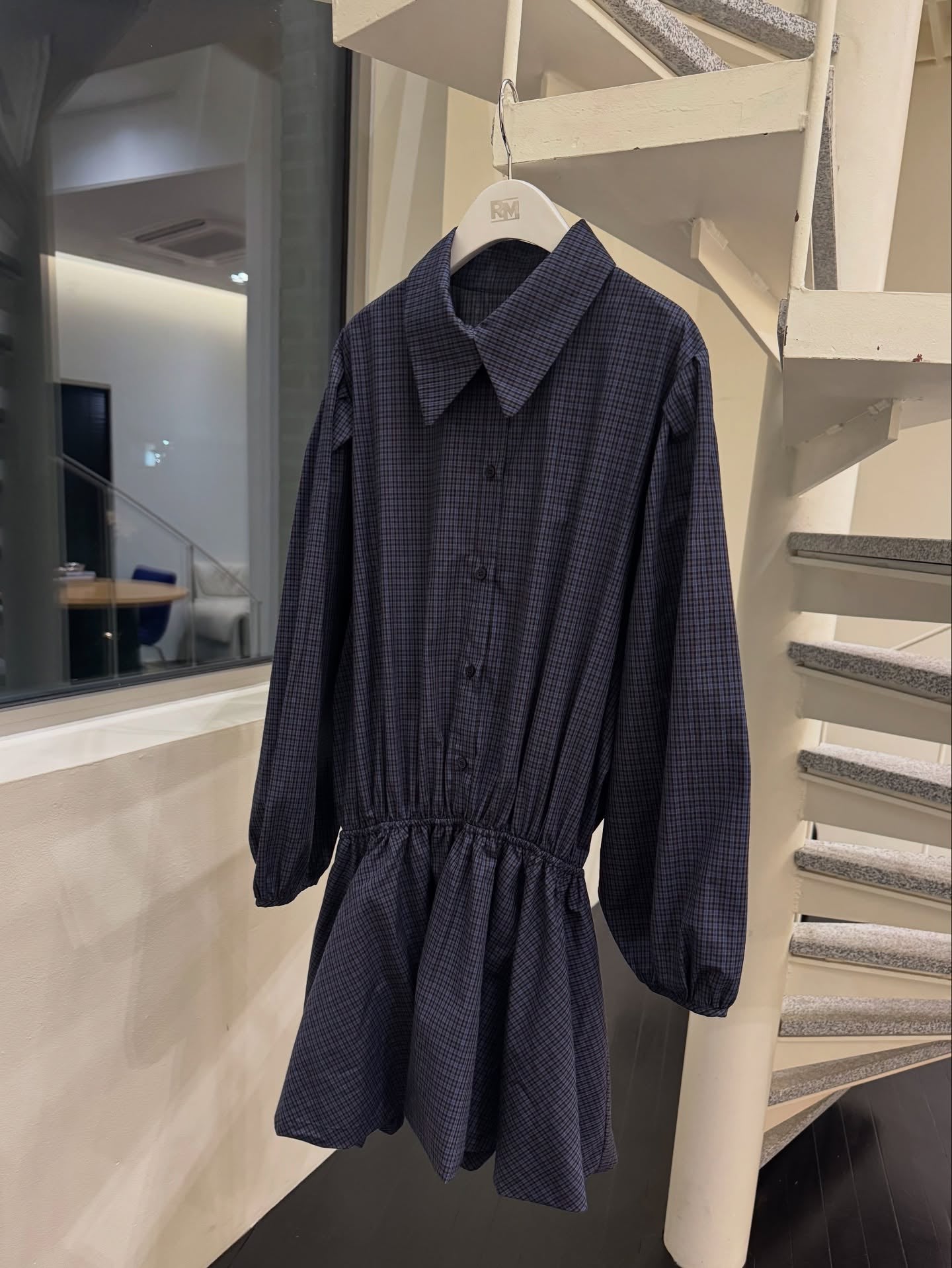 復古通勤格紋襯衫收腰連身裙