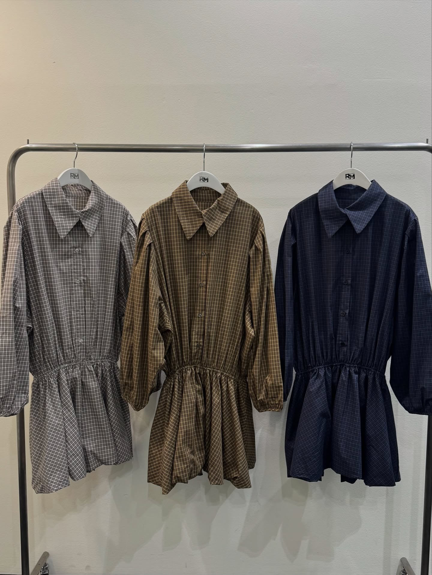 復古通勤格紋襯衫收腰連身裙