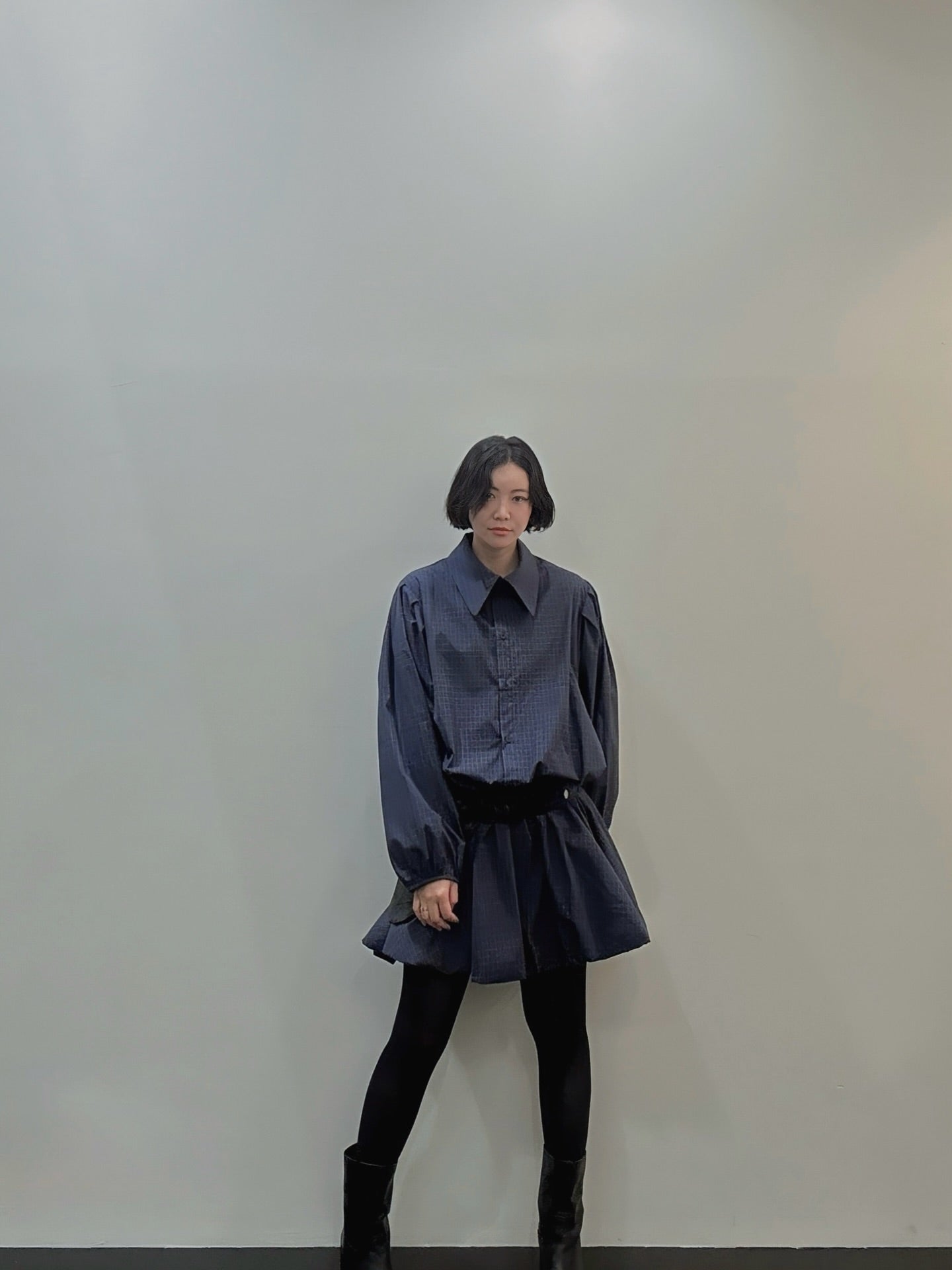 復古通勤格紋襯衫收腰連身裙