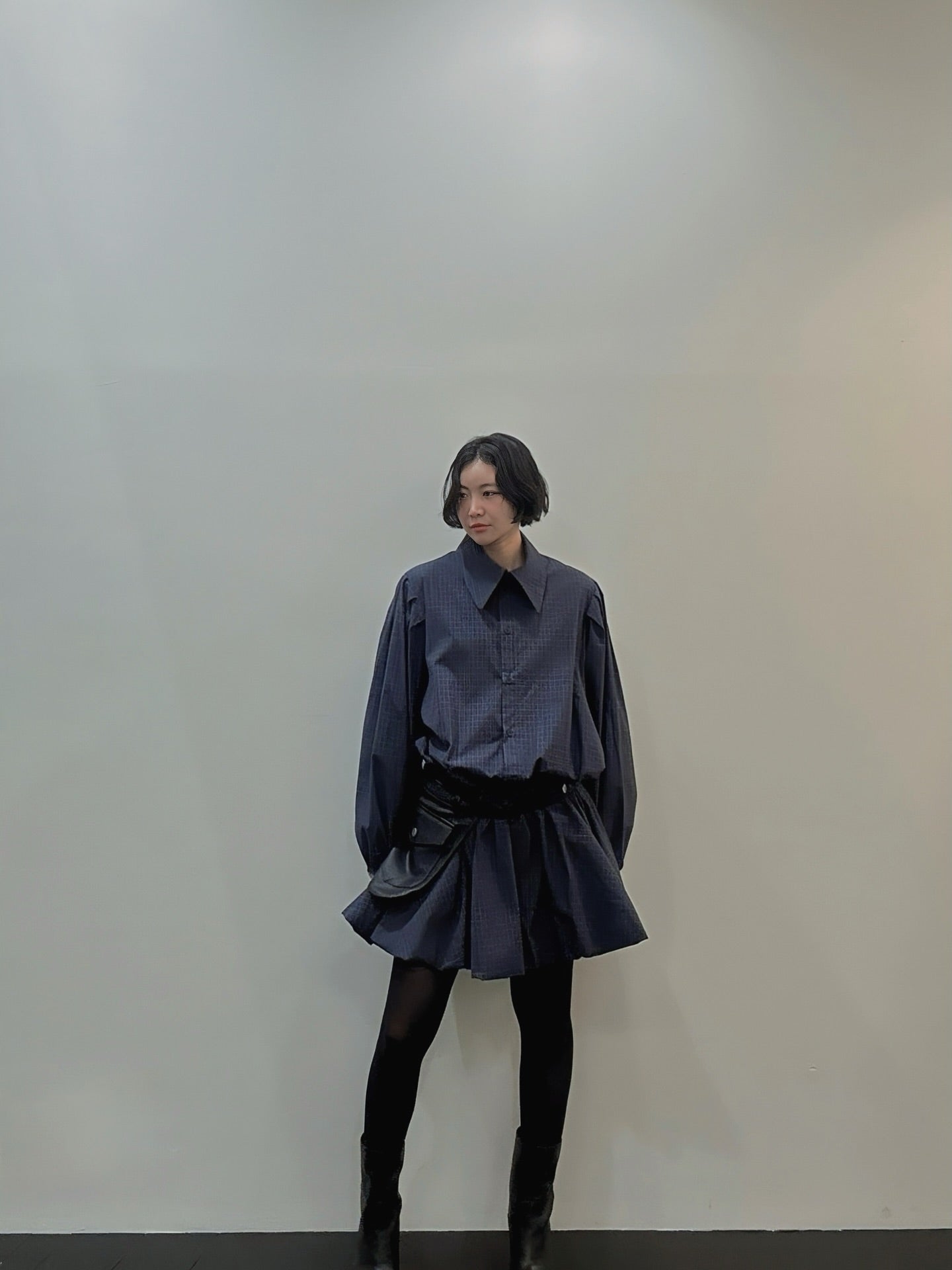 復古通勤格紋襯衫收腰連身裙