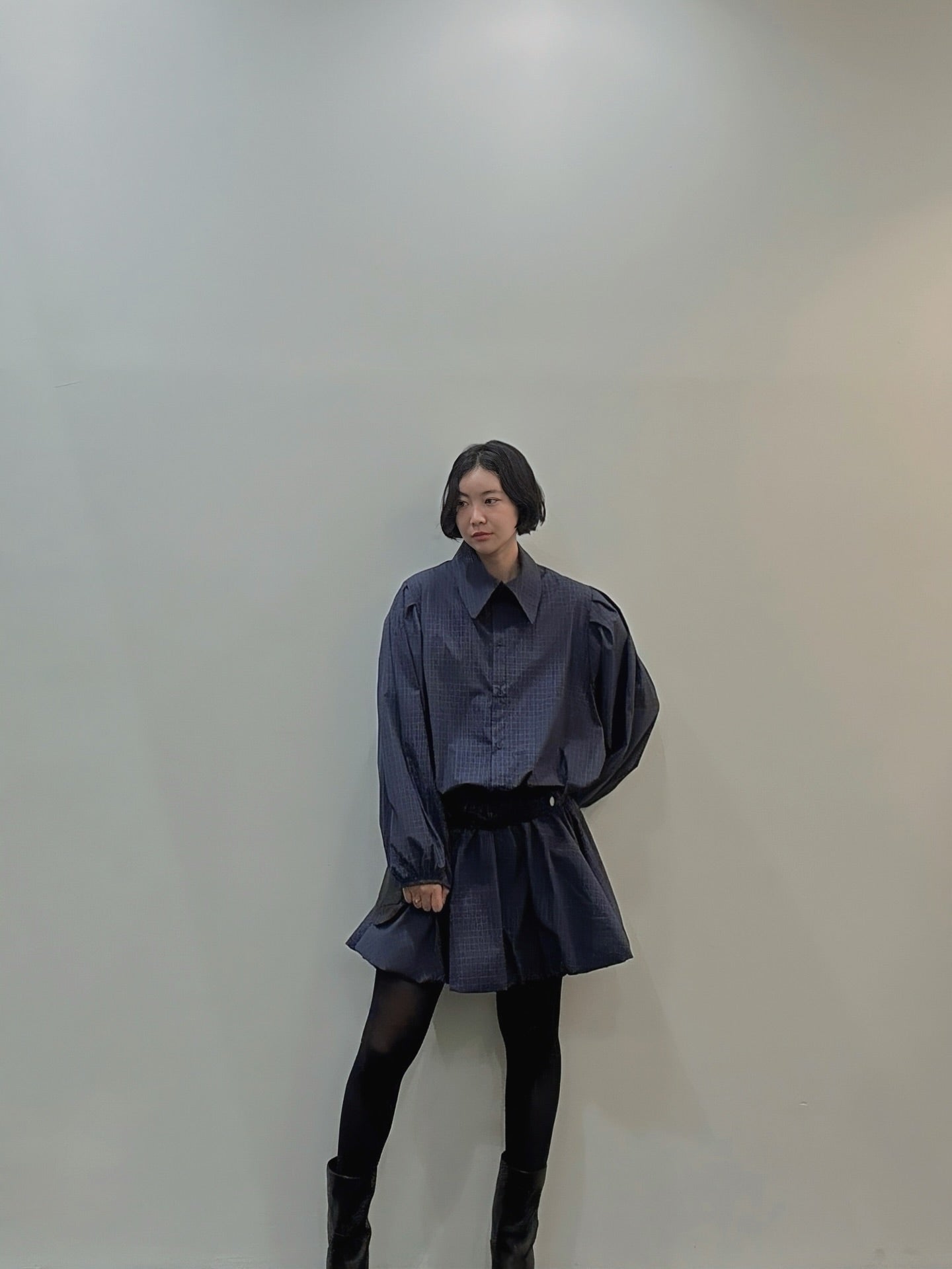 復古通勤格紋襯衫收腰連身裙