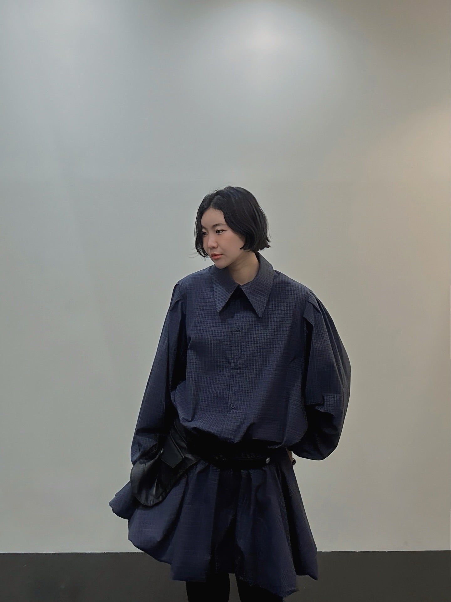 復古通勤格紋襯衫收腰連身裙