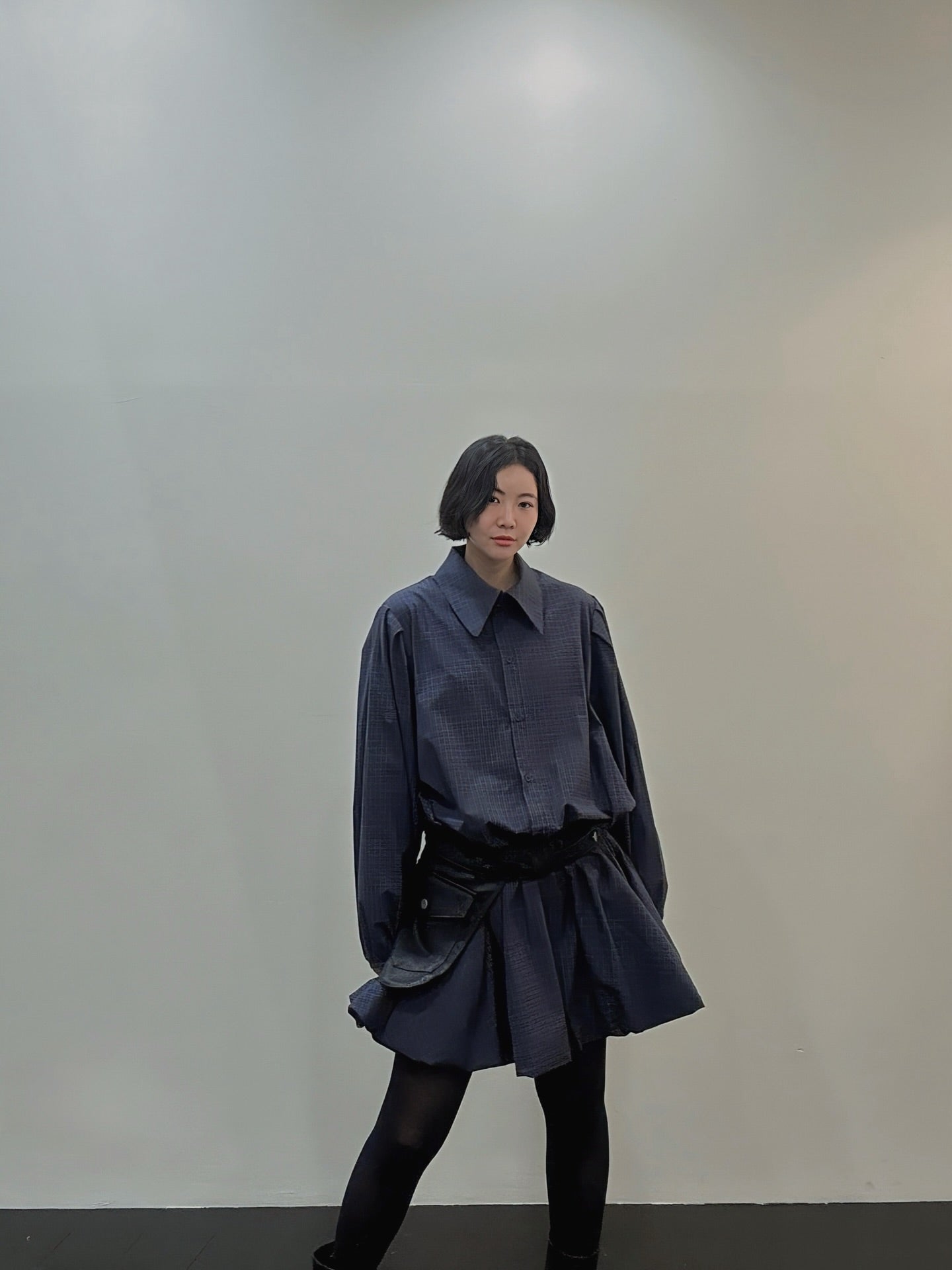 復古通勤格紋襯衫收腰連身裙