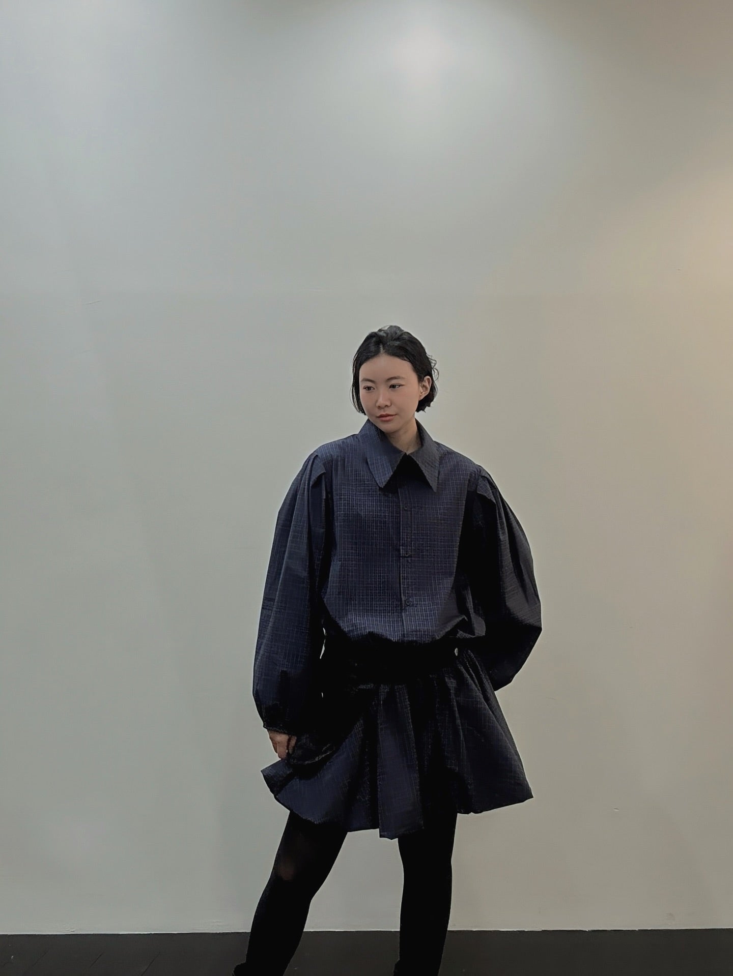 復古通勤格紋襯衫收腰連身裙