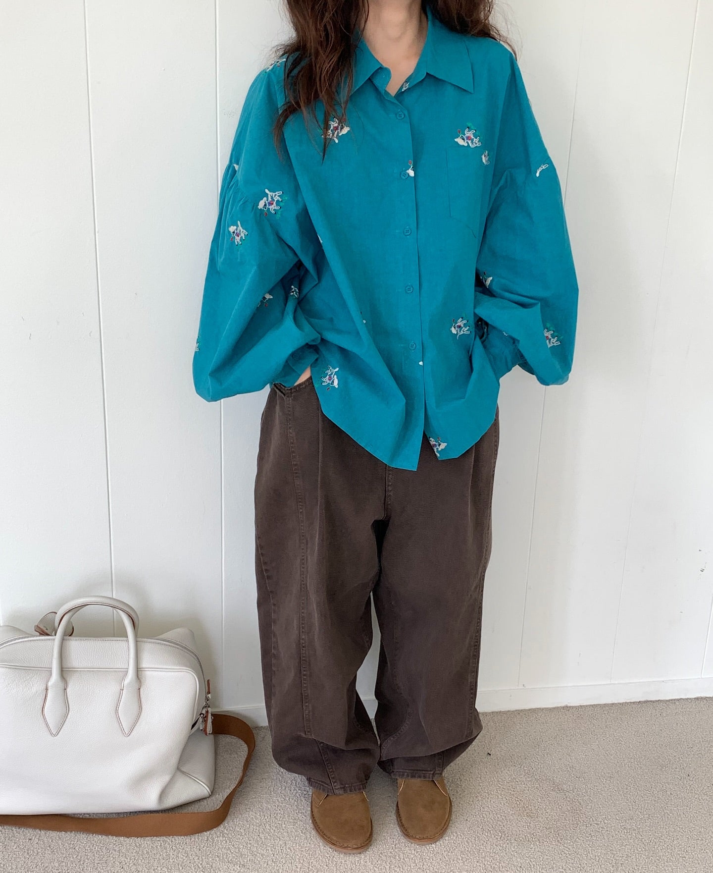 polo領刺繡設計感不規則寬鬆襯衫