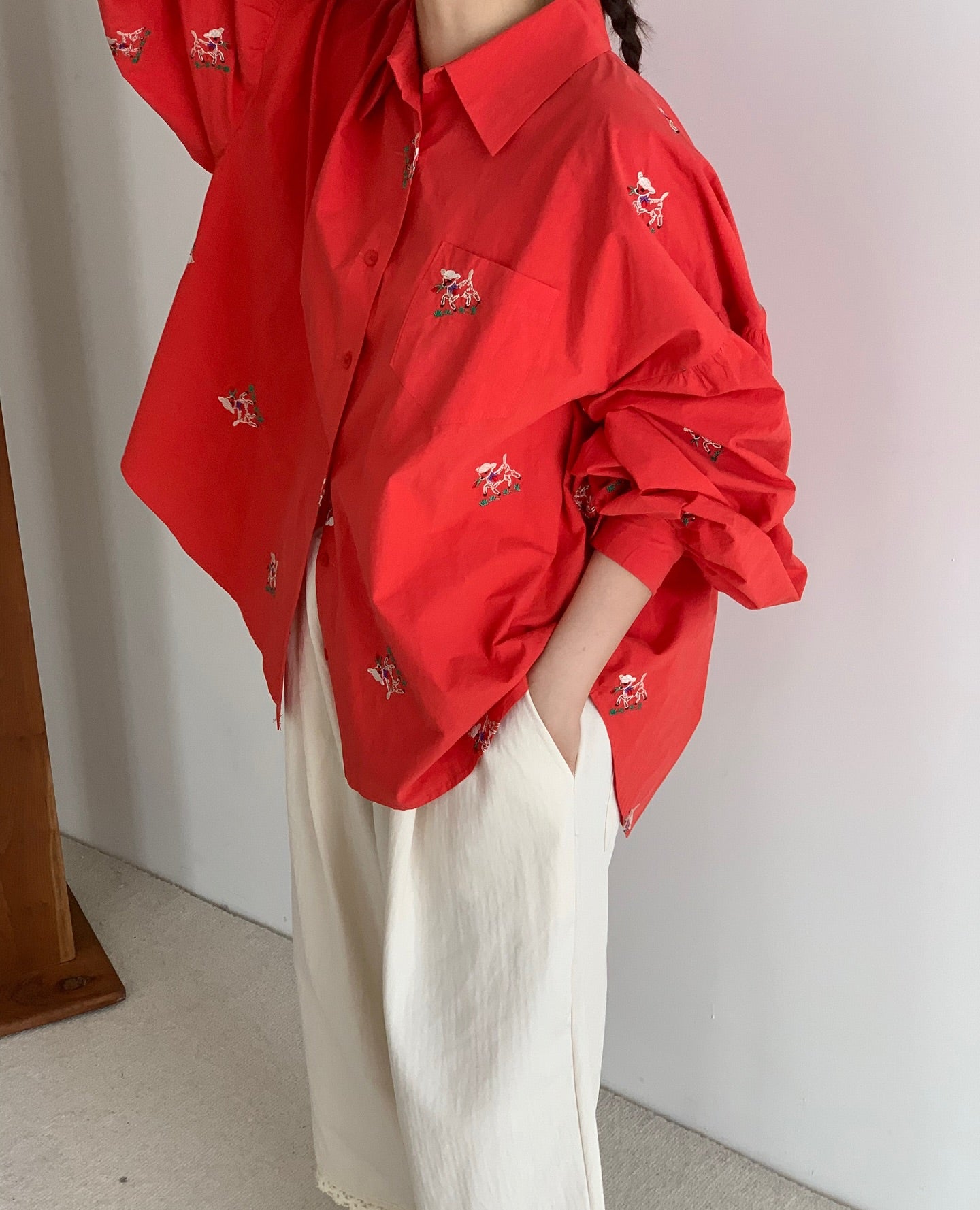 polo領刺繡設計感不規則寬鬆襯衫