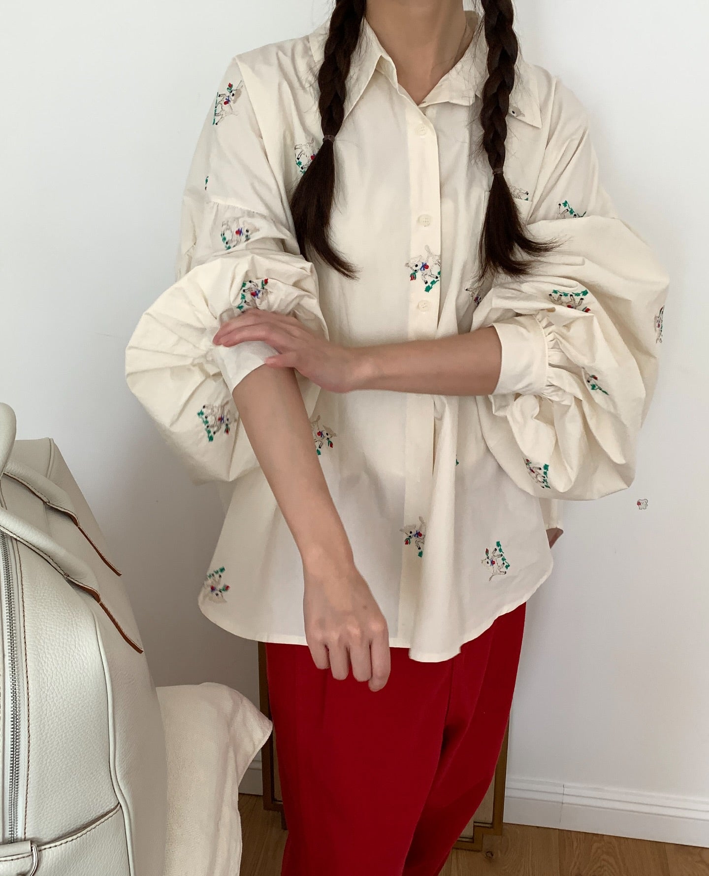 polo領刺繡設計感不規則寬鬆襯衫