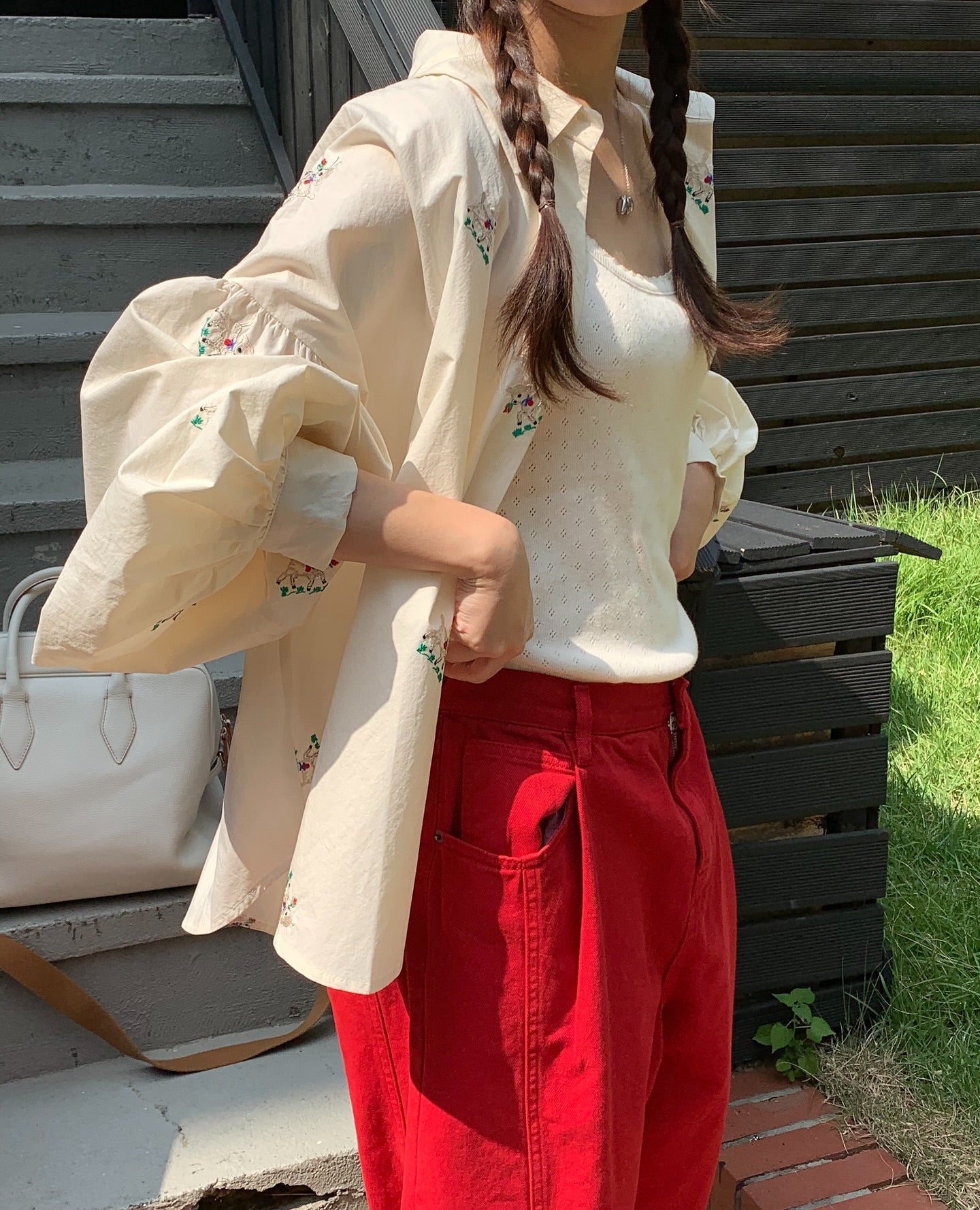 polo領刺繡設計感不規則寬鬆襯衫