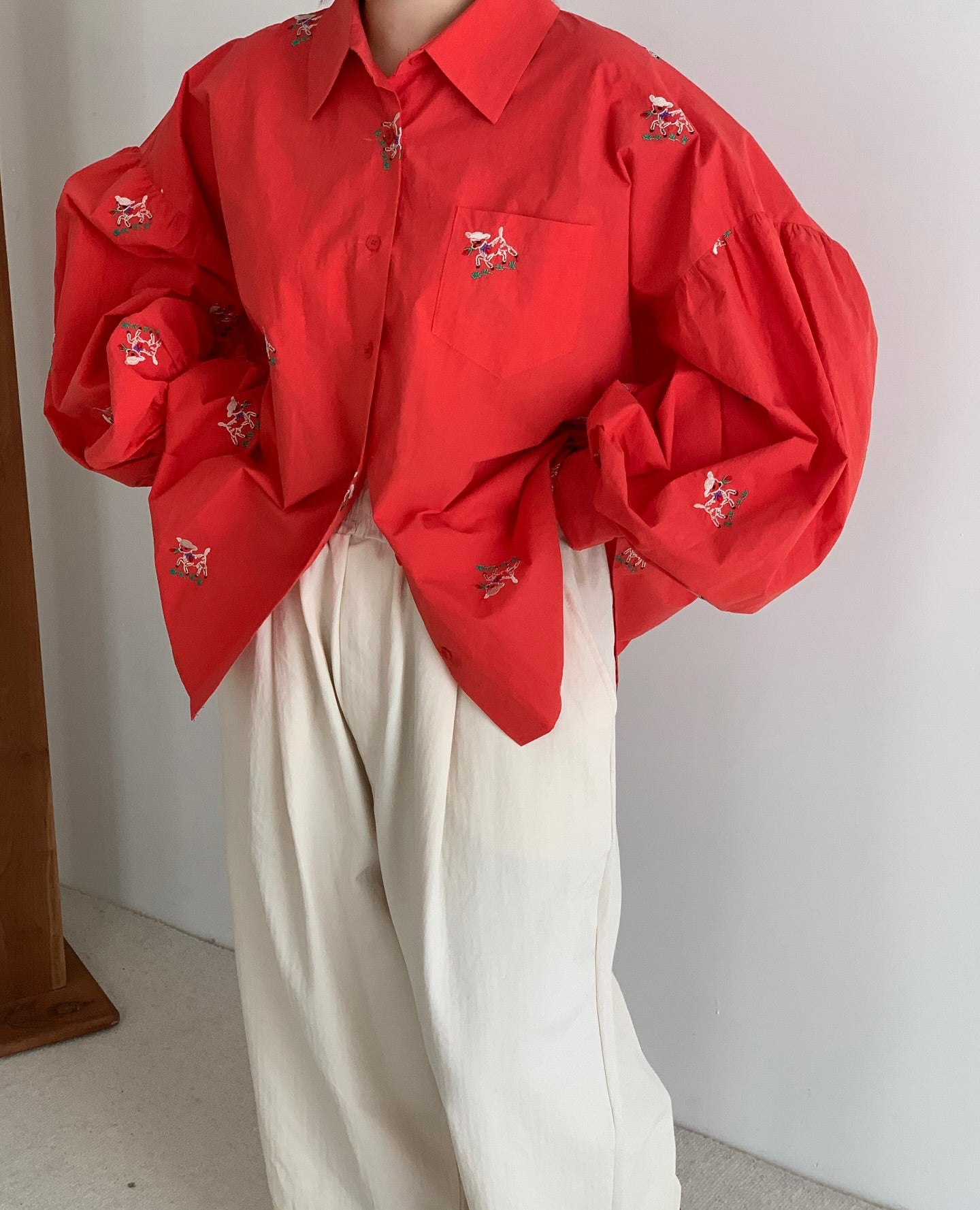 polo領刺繡設計感不規則寬鬆襯衫