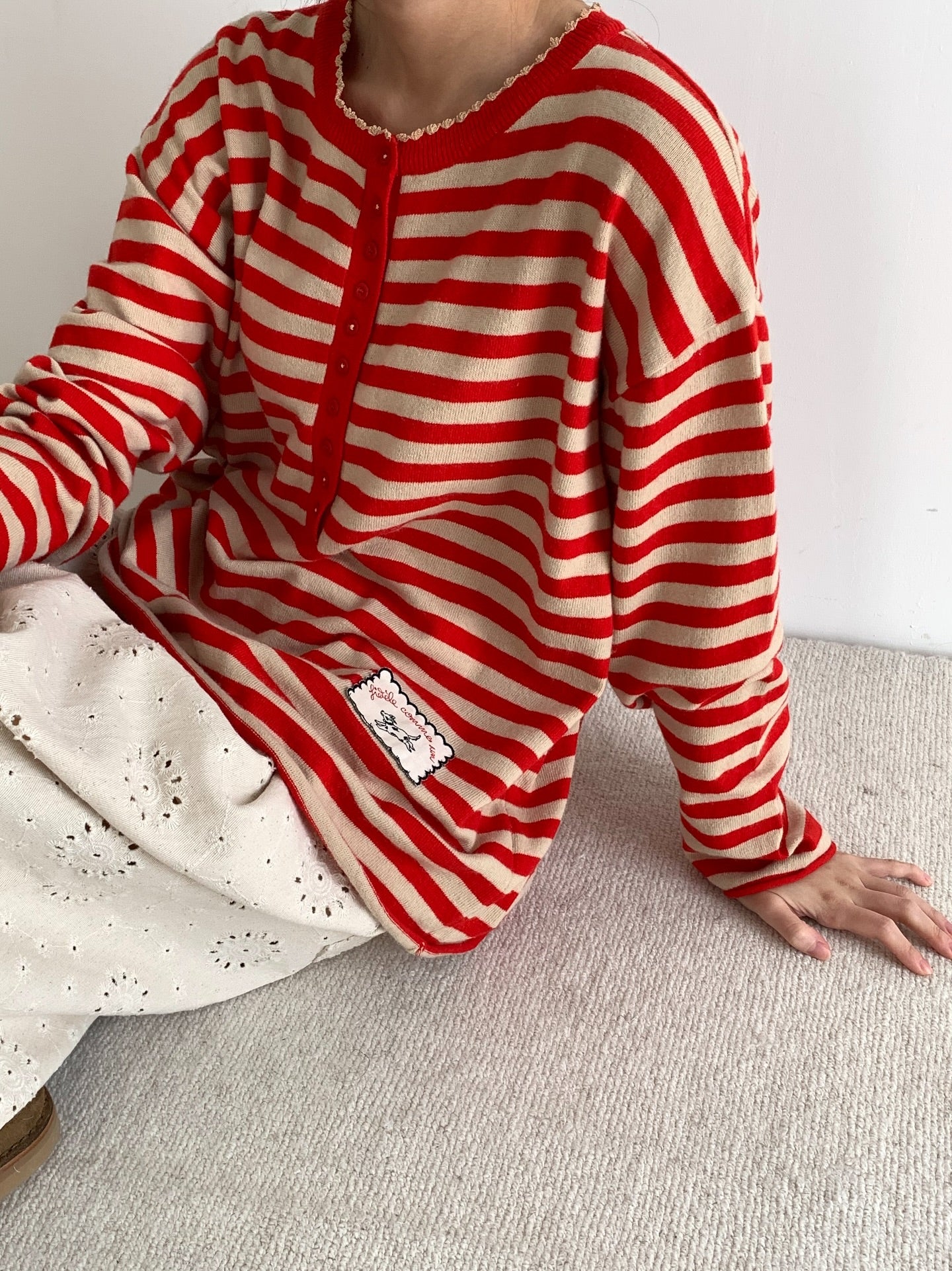 圓領半紐扣條紋寬鬆上衣