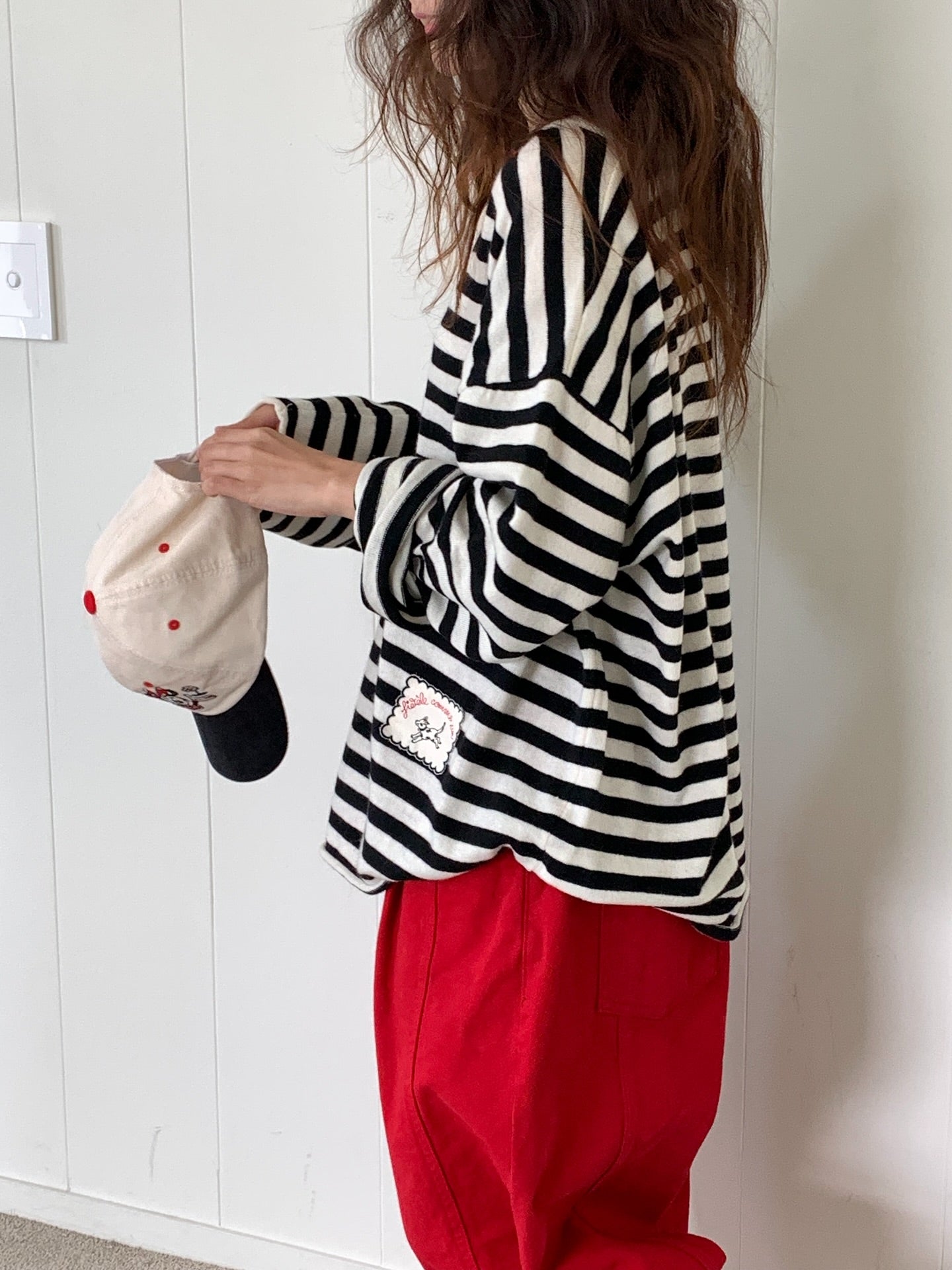 圓領半紐扣條紋寬鬆上衣