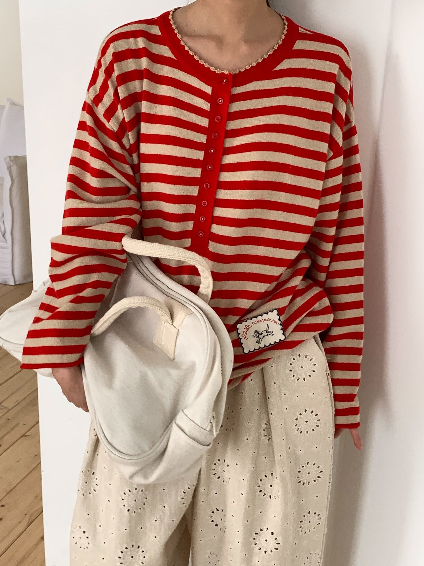 圓領半紐扣條紋寬鬆上衣