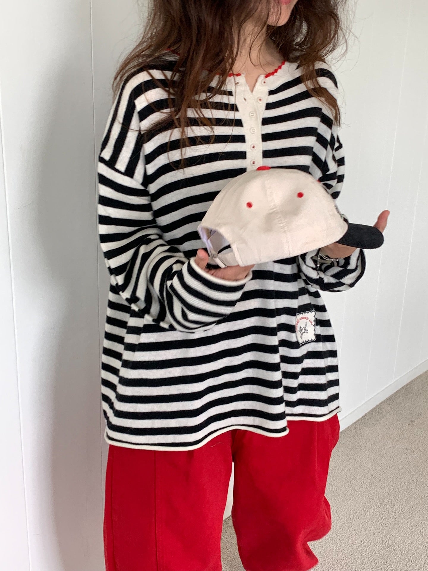 圓領半紐扣條紋寬鬆上衣