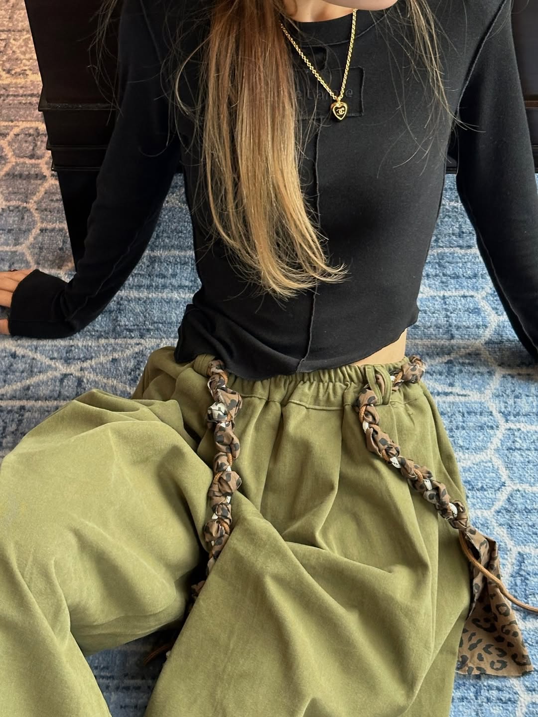 鬆緊腰豹紋腰帶休閒闊腿長褲