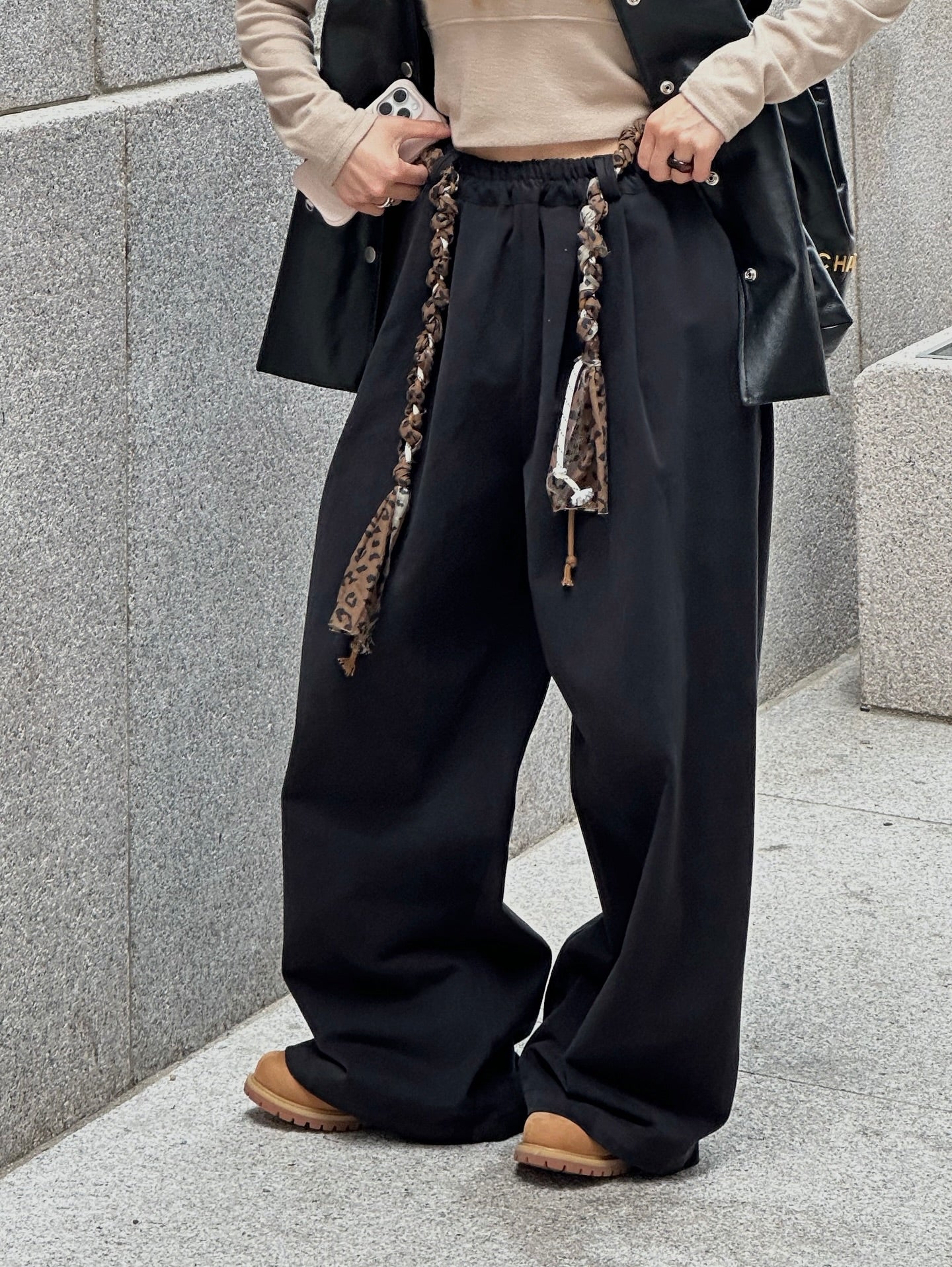 鬆緊腰豹紋腰帶休閒闊腿長褲