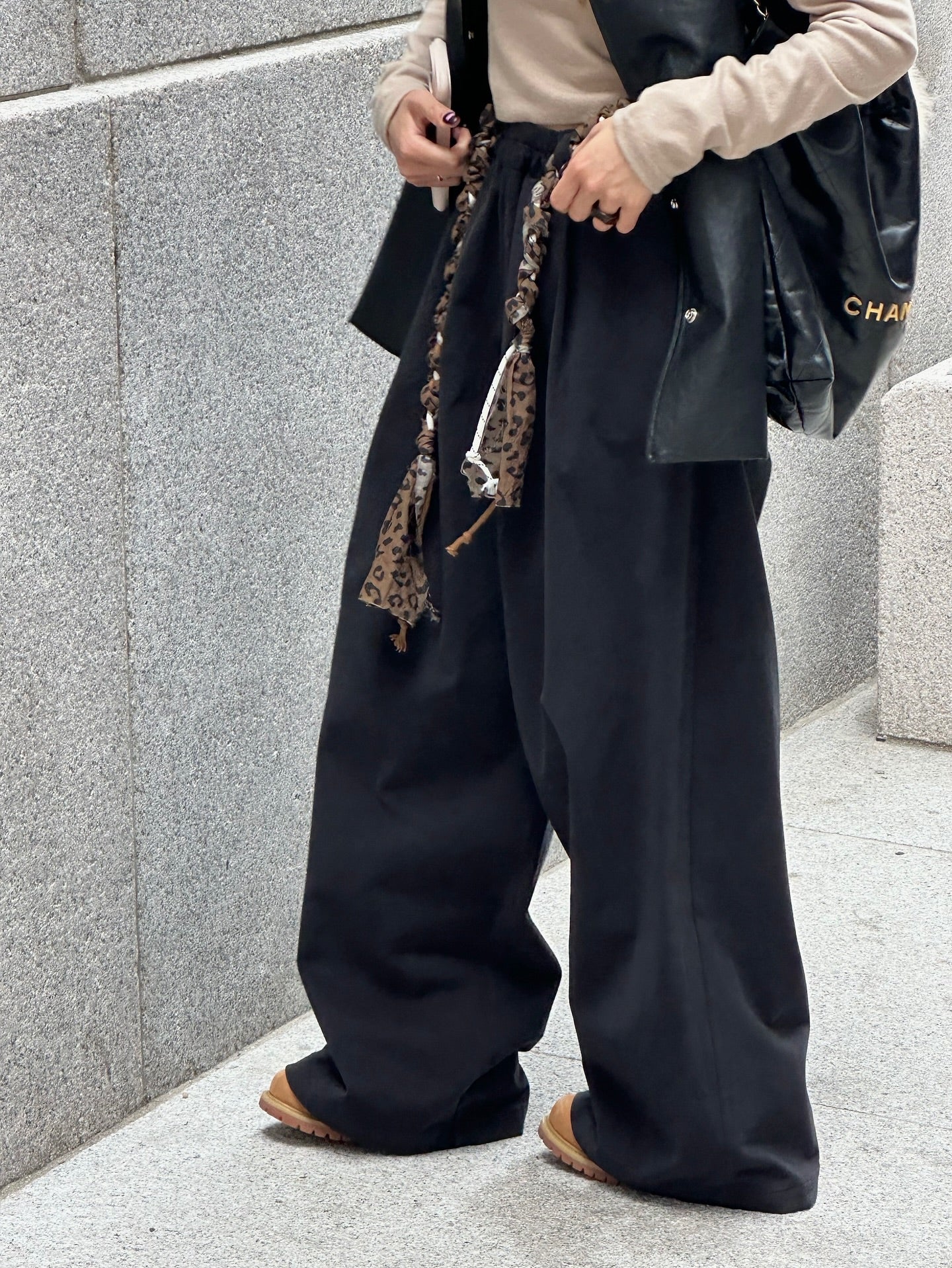 鬆緊腰豹紋腰帶休閒闊腿長褲