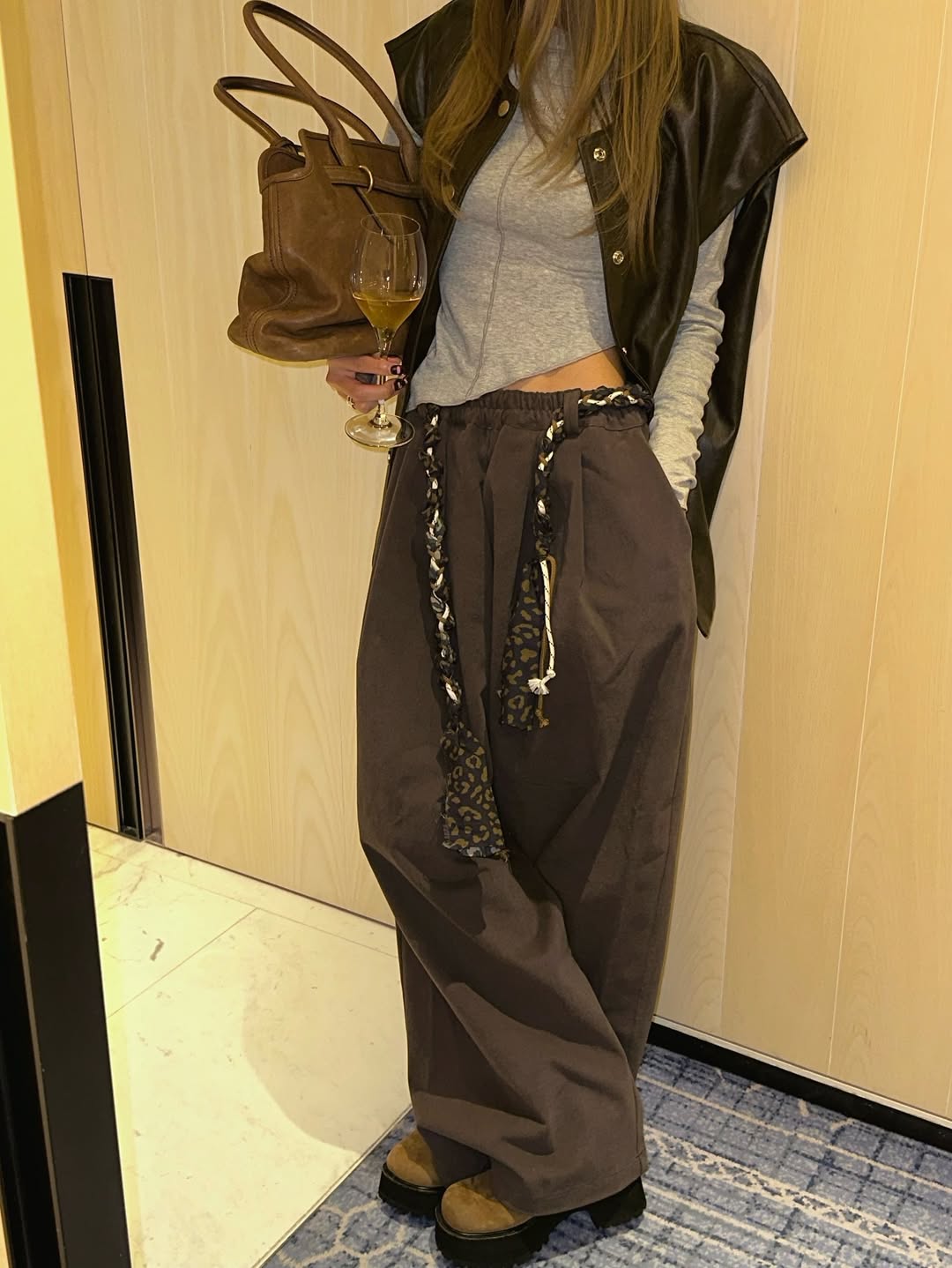 鬆緊腰豹紋腰帶休閒闊腿長褲