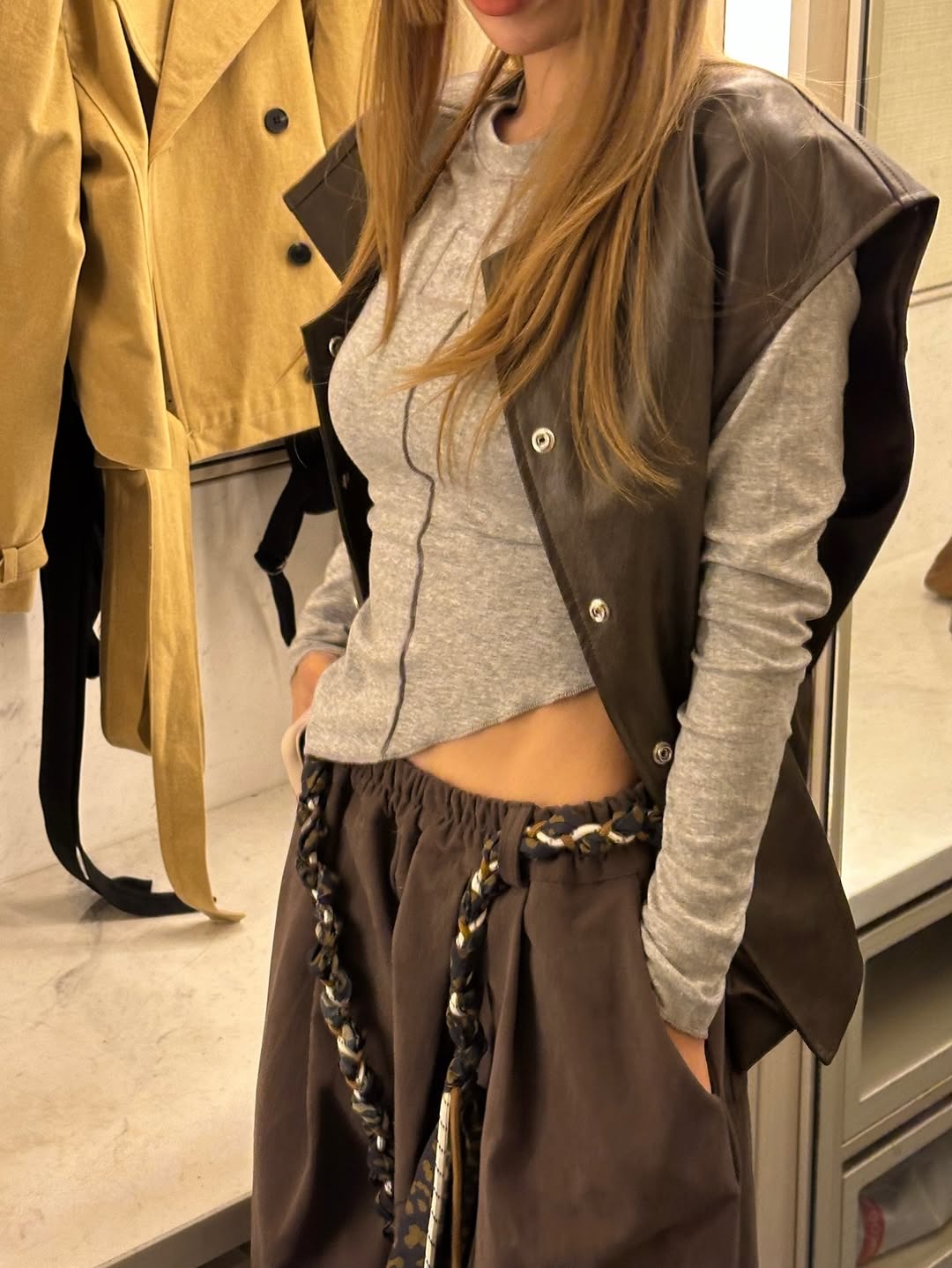 鬆緊腰豹紋腰帶休閒闊腿長褲