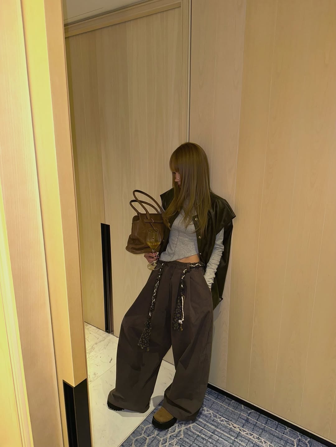 鬆緊腰豹紋腰帶休閒闊腿長褲