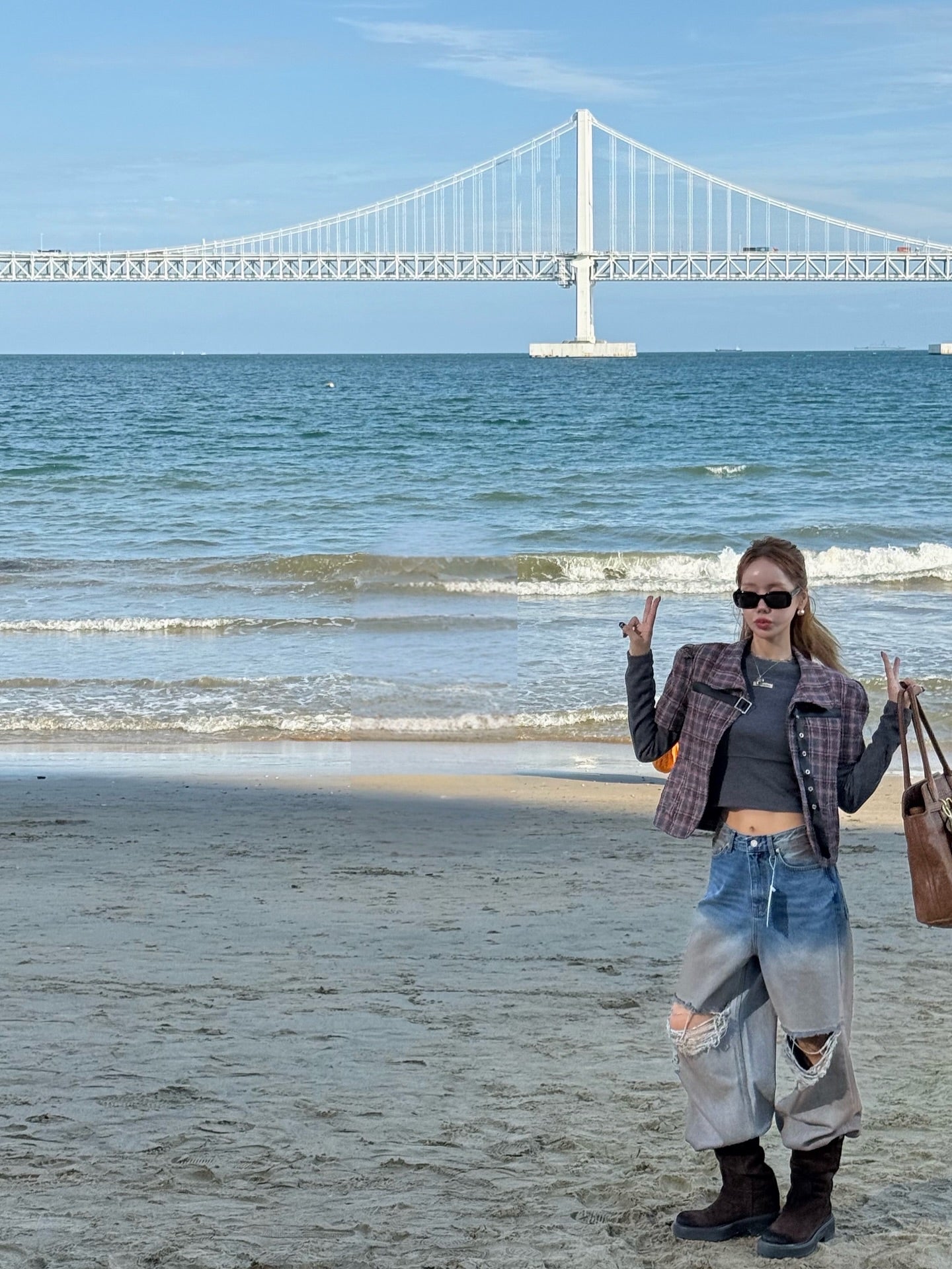 設計感破洞漸變百搭闊腿牛仔褲