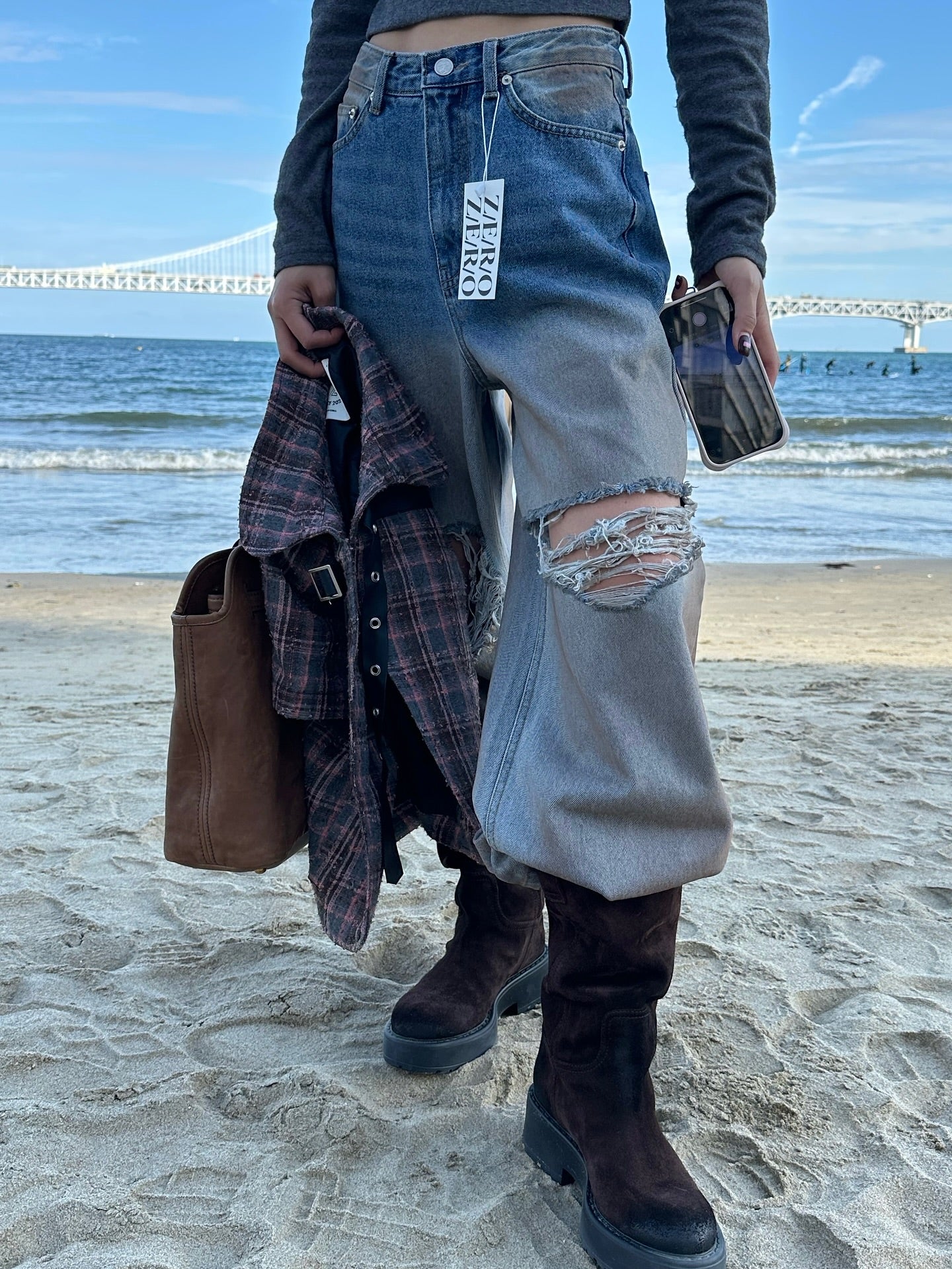 設計感破洞漸變百搭闊腿牛仔褲