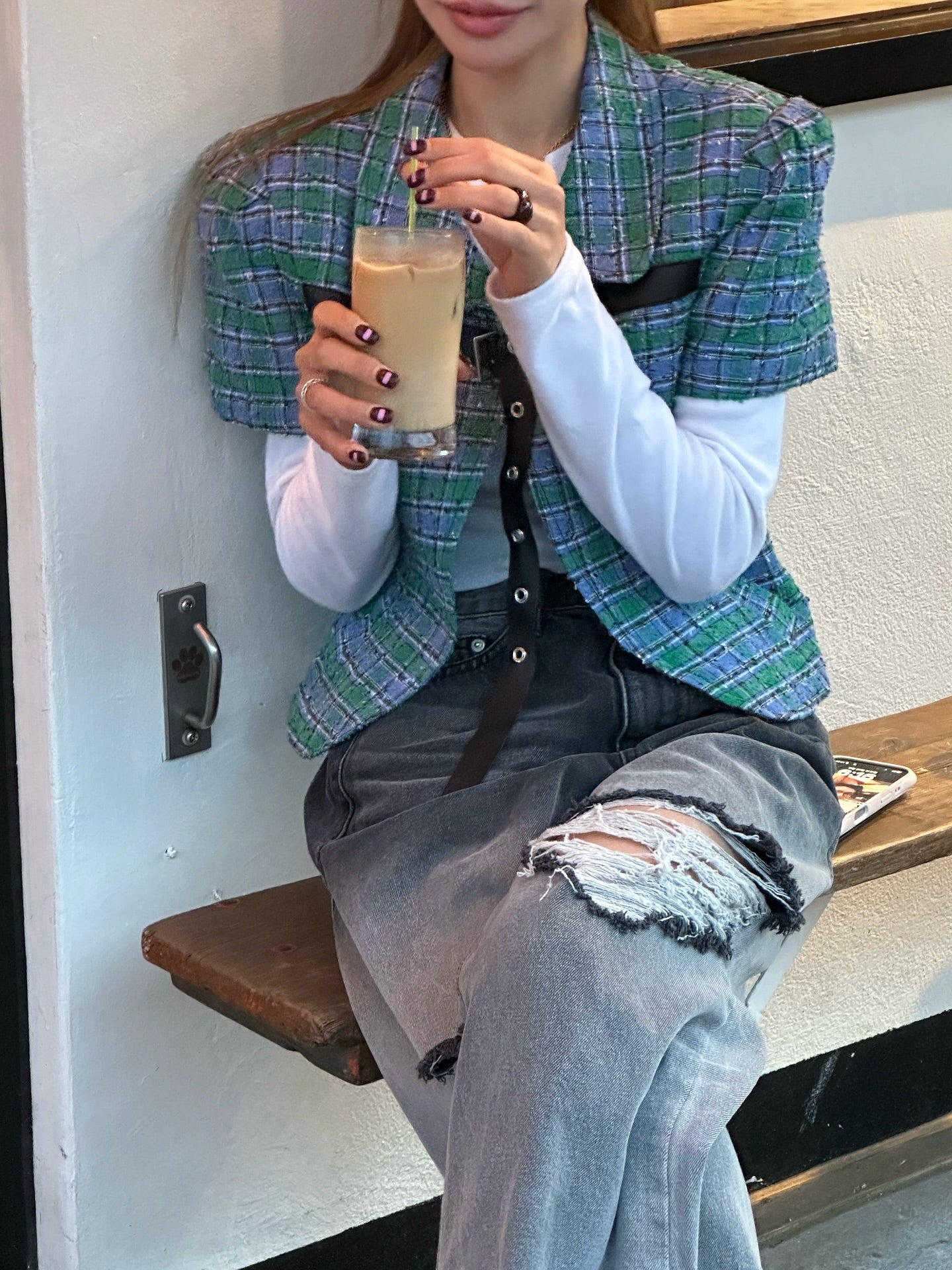 設計感破洞漸變百搭闊腿牛仔褲