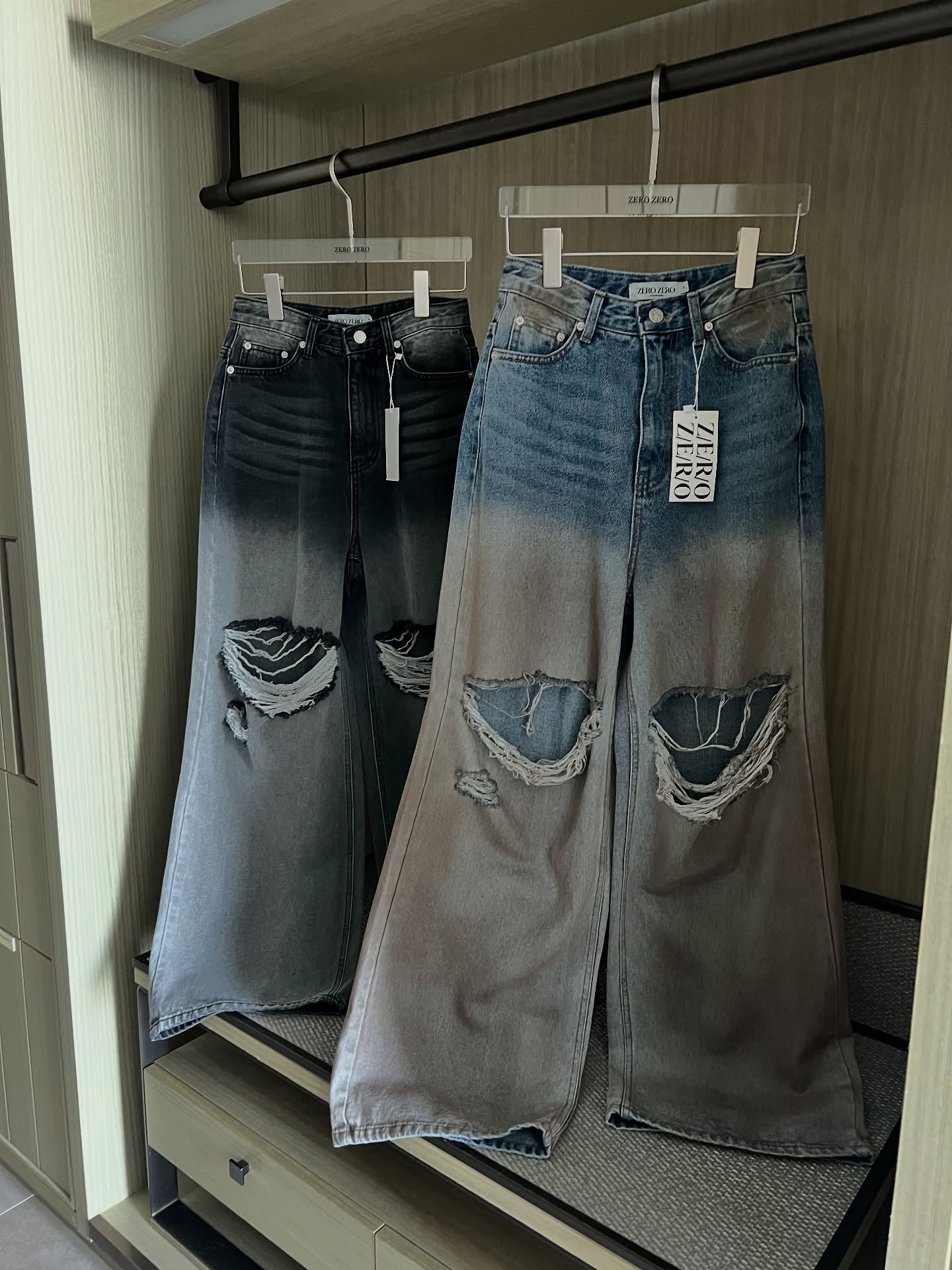 設計感破洞漸變百搭闊腿牛仔褲