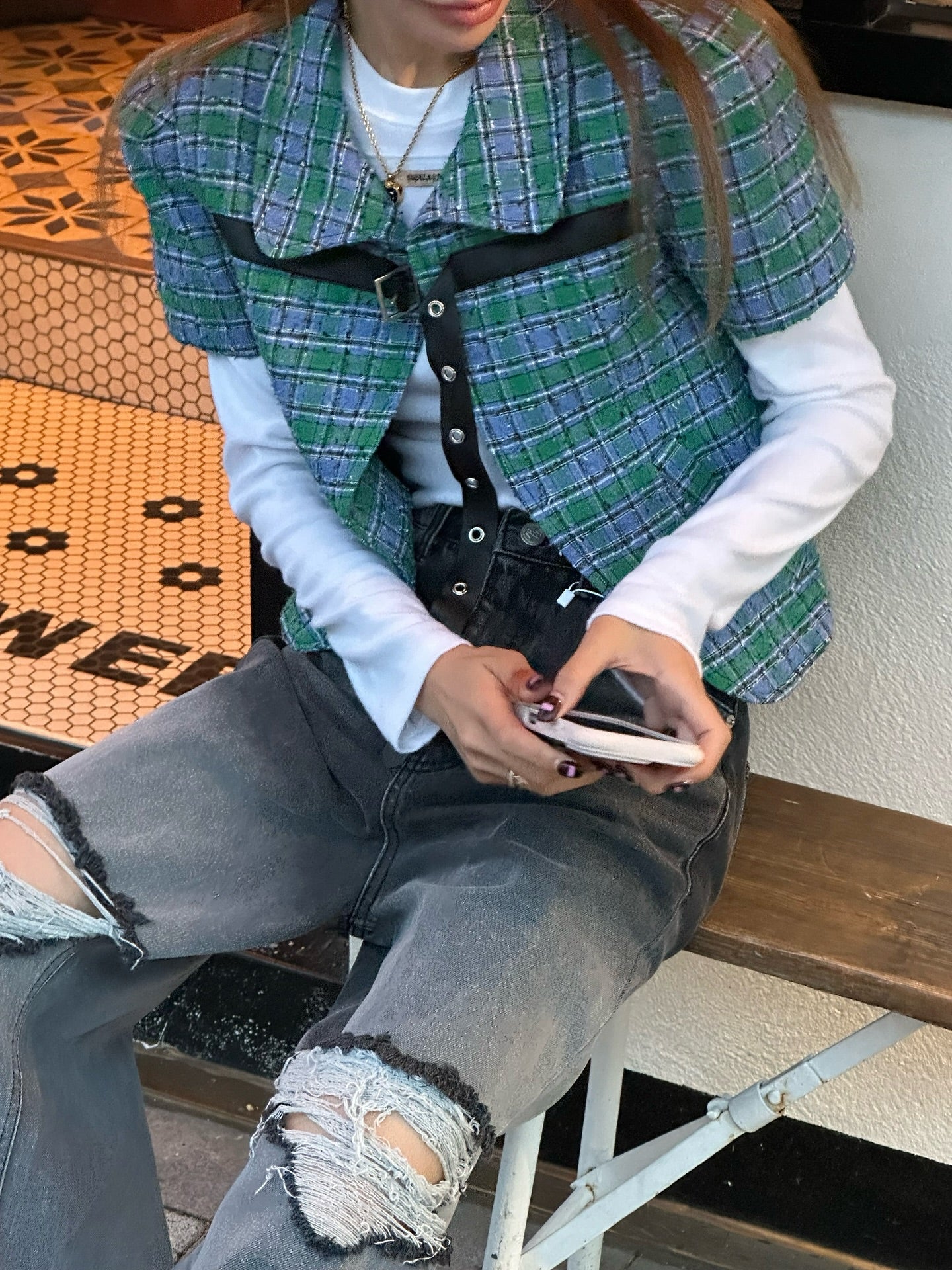 設計感破洞漸變百搭闊腿牛仔褲