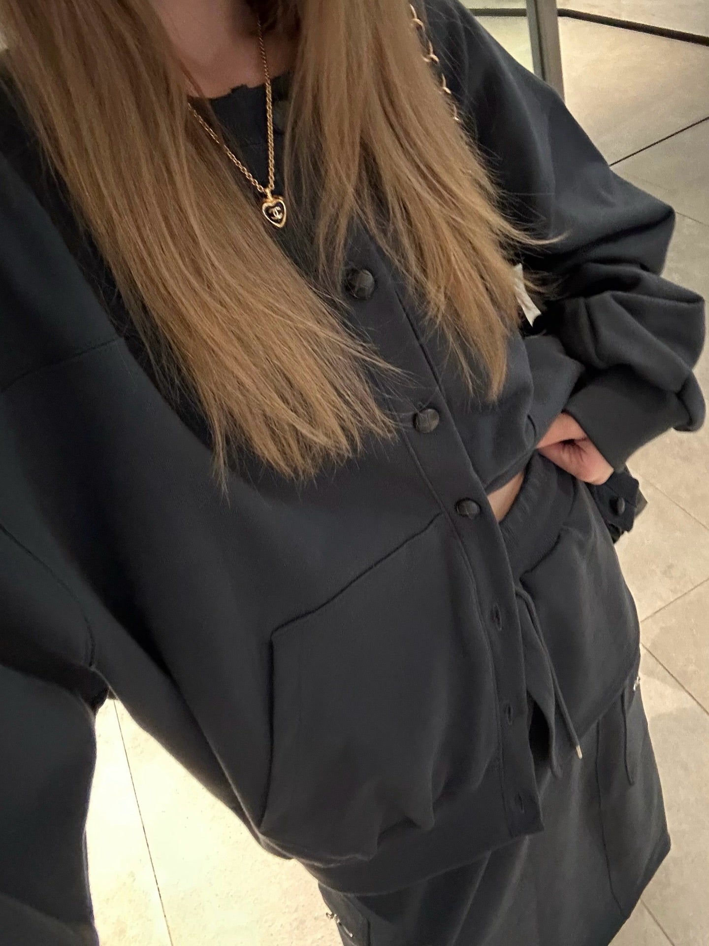 鬆緊腰假兩件大口袋半身裙