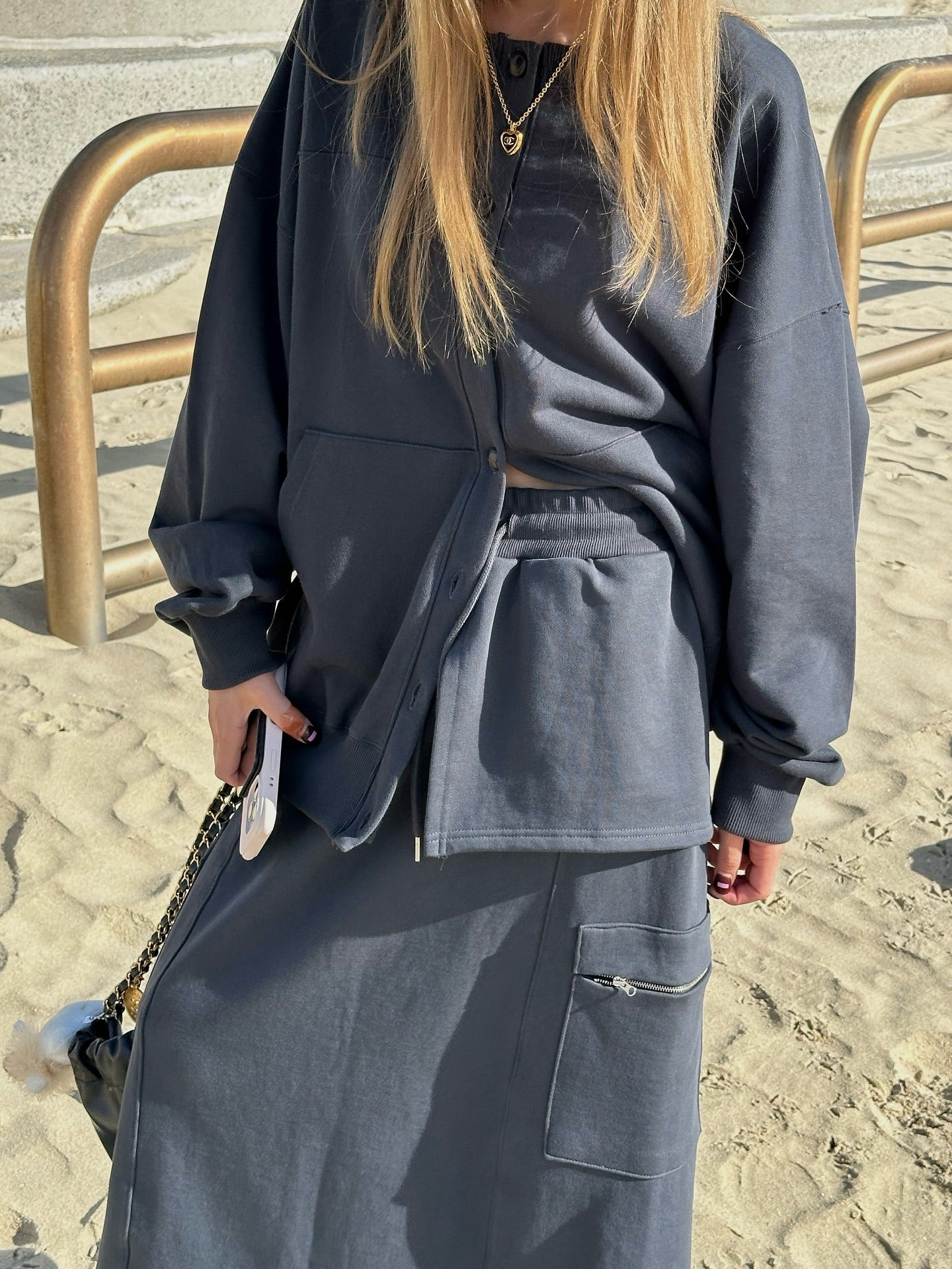 鬆緊腰假兩件大口袋半身裙