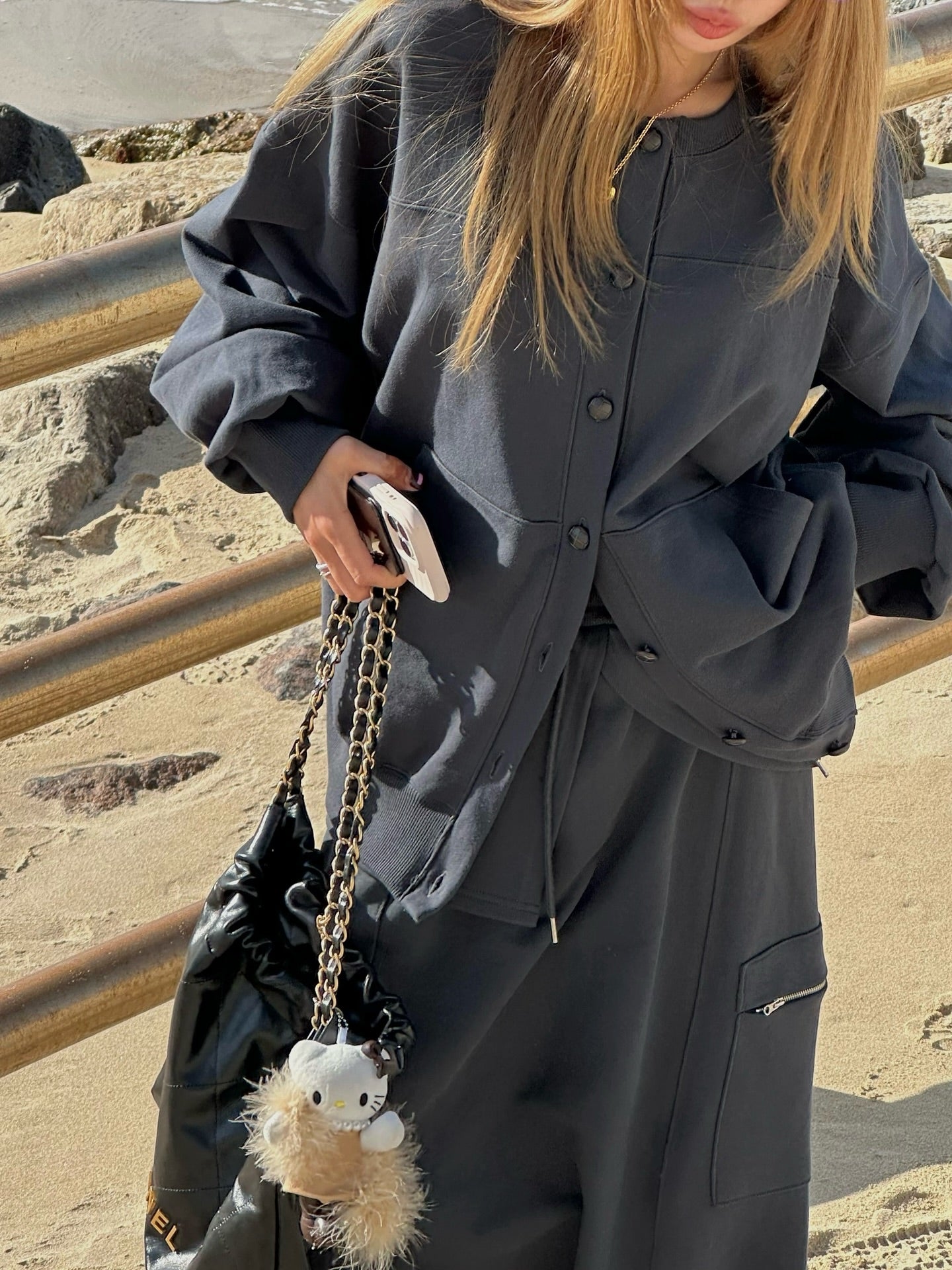 鬆緊腰假兩件大口袋半身裙