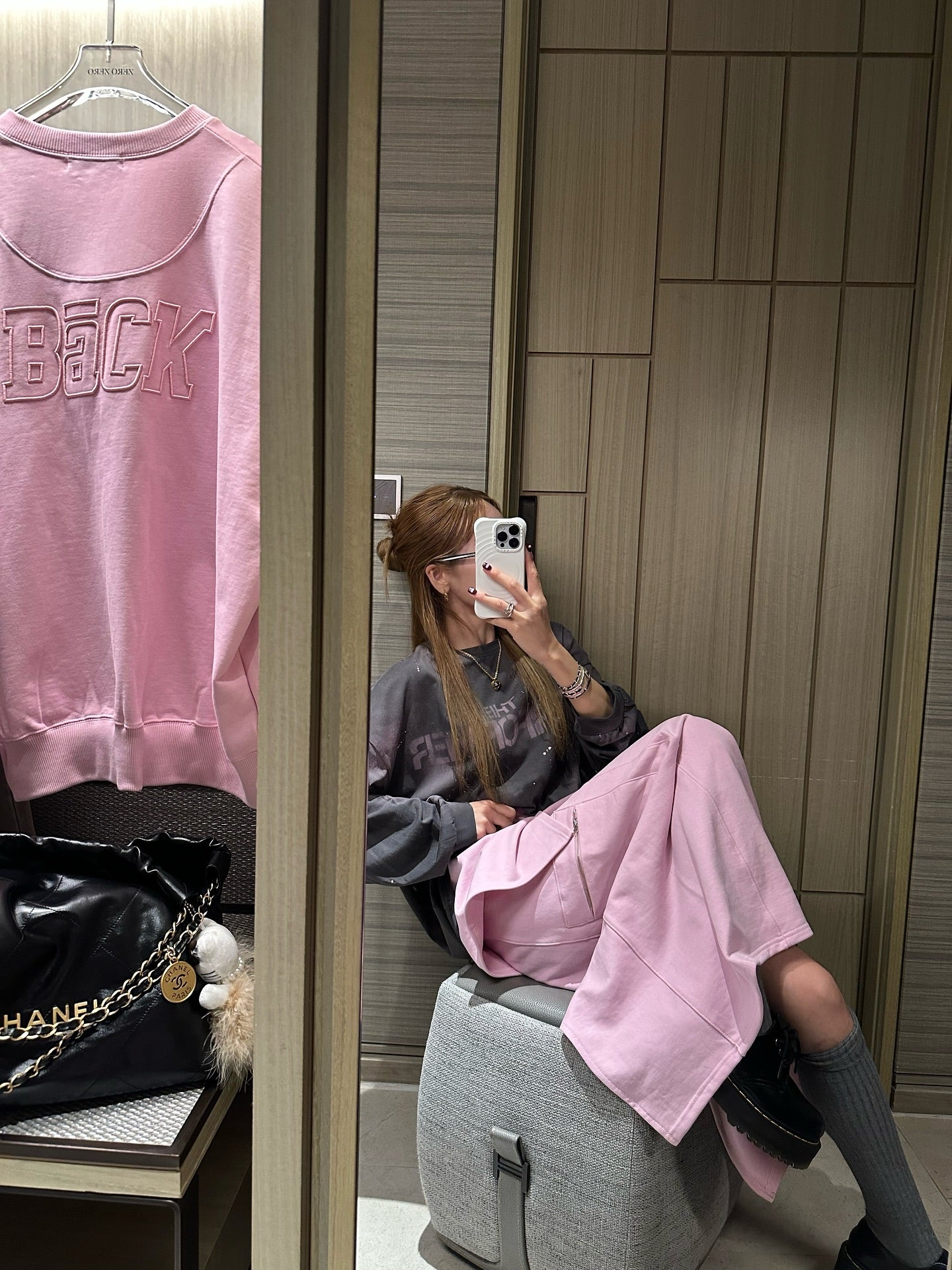 鬆緊腰假兩件大口袋半身裙